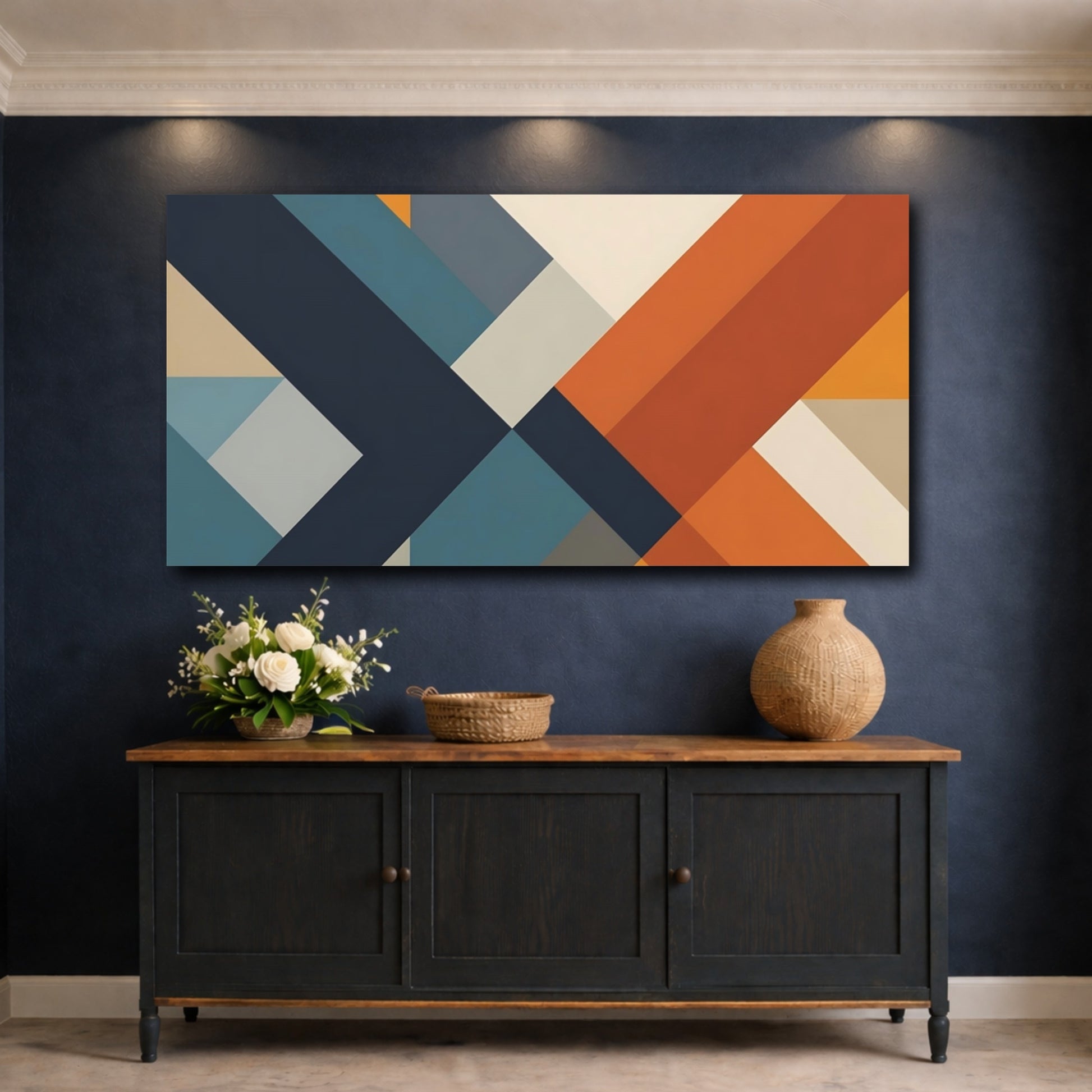 Mockup 4. Abstract Geometric Shapes Teal And Orange shown as stretched canvas wall art