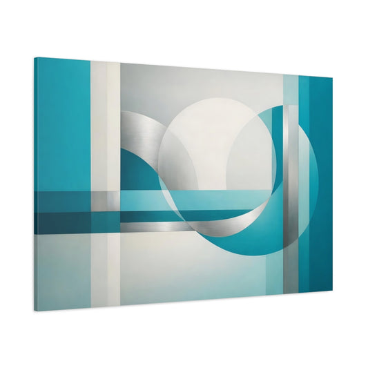 Main Mockup. Abstract Geometric Shapes Teal And Silver shown as stretched canvas wall art