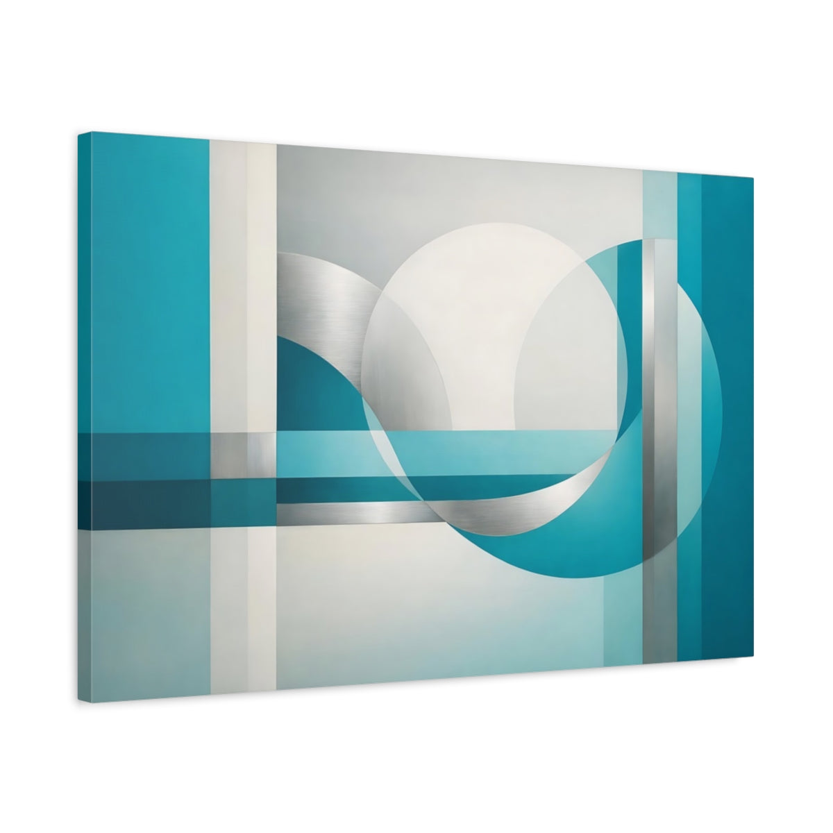 Side Mockup 2. Abstract Geometric Shapes Teal And Silver shown as stretched canvas wall art