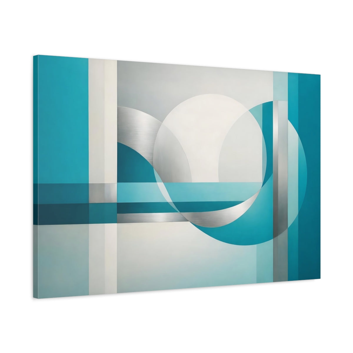 Side Mockup 1. Abstract Geometric Shapes Teal And Silver shown as stretched canvas wall art