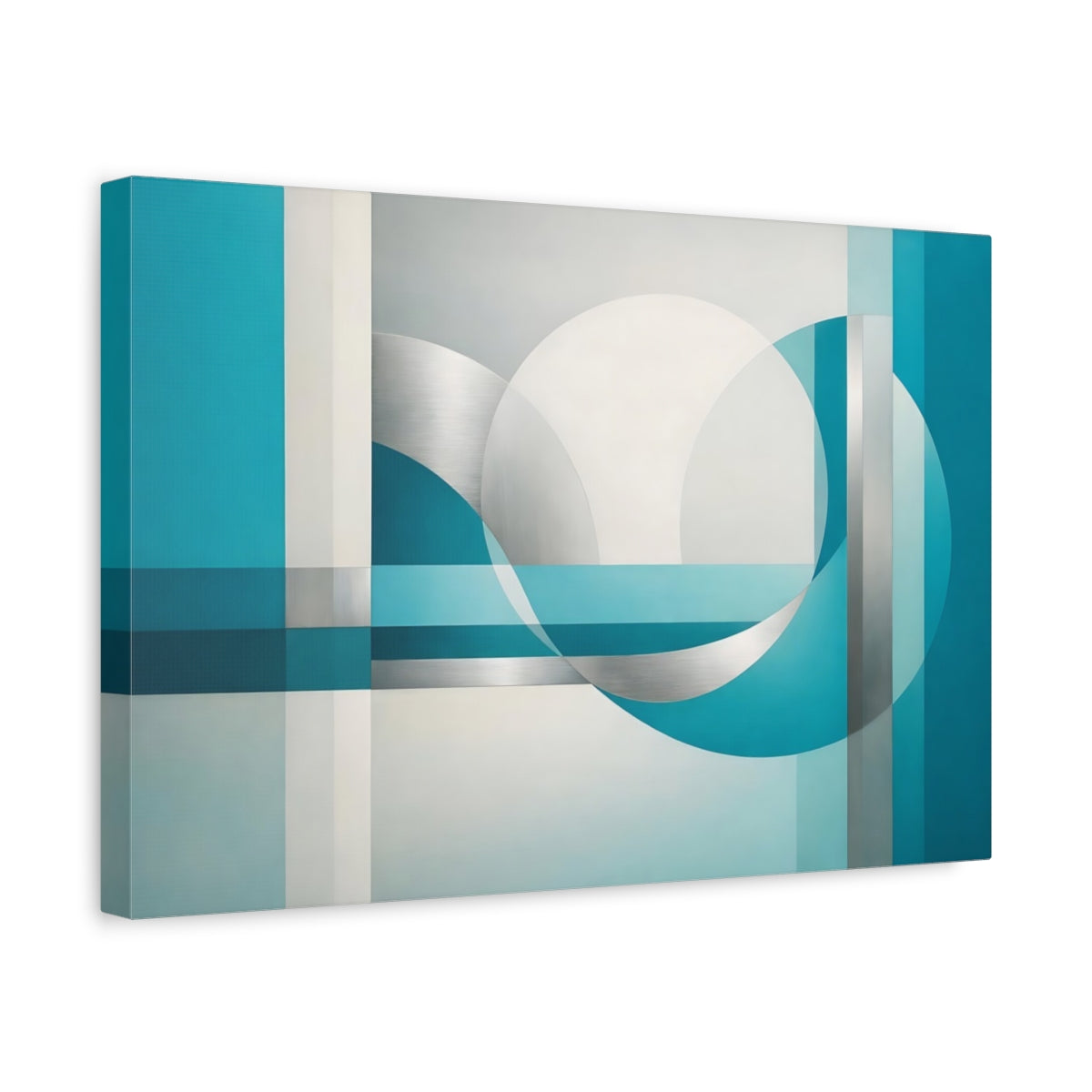 Side Mockup 4. Abstract Geometric Shapes Teal And Silver shown as stretched canvas wall art