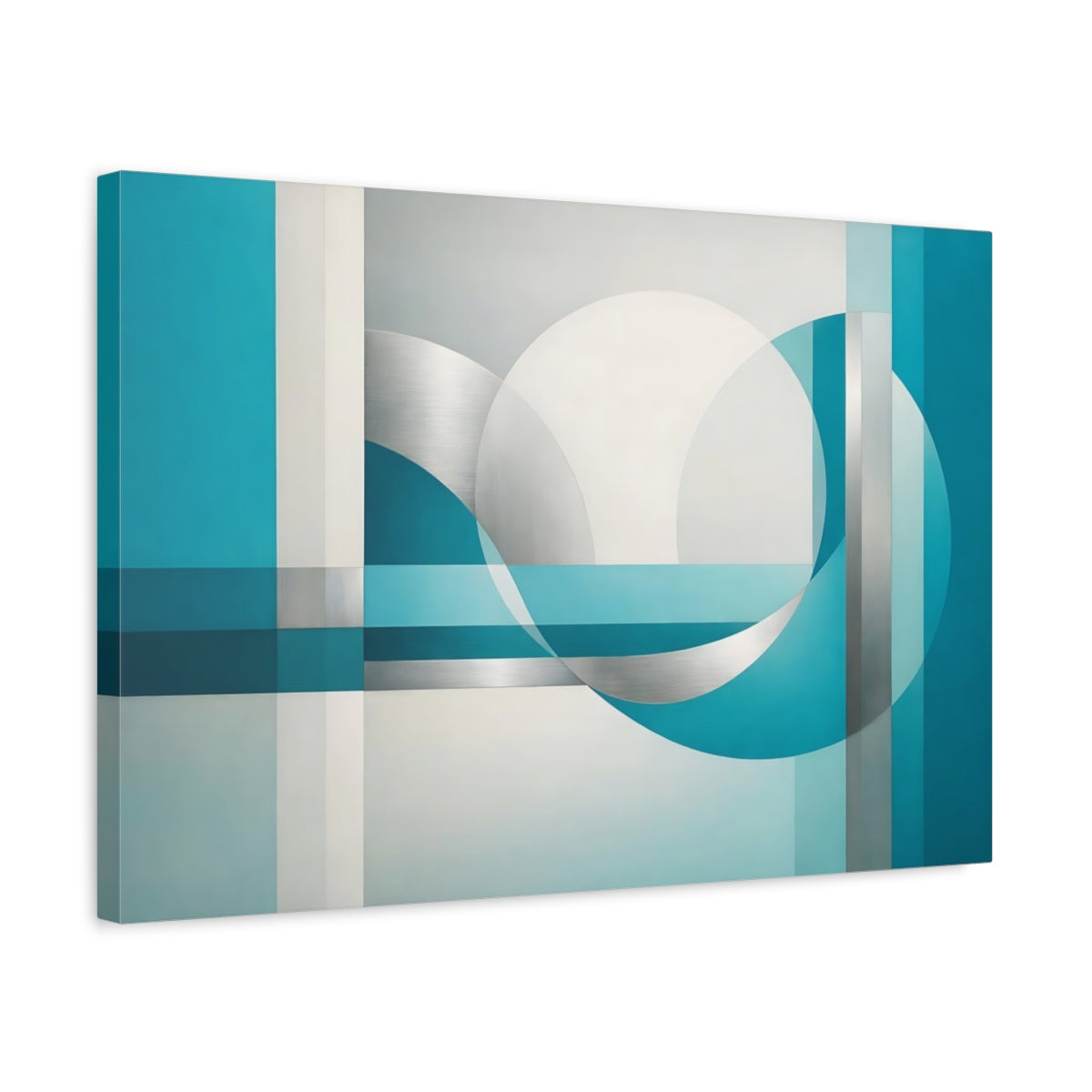 Side Mockup 3. Abstract Geometric Shapes Teal And Silver shown as stretched canvas wall art