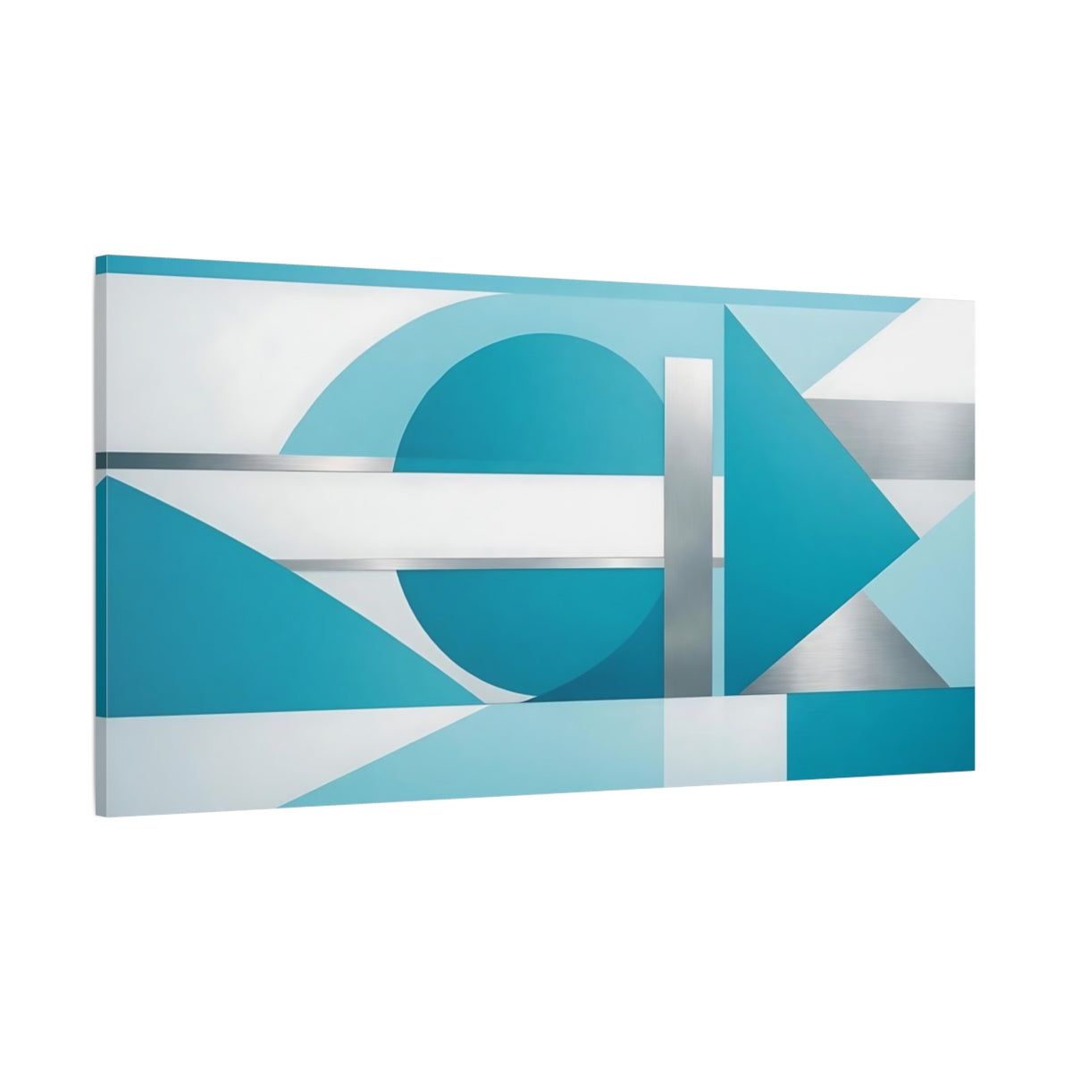 Main Mockup. Abstract Geometric Shapes Teal And Silver Geometric shown as stretched canvas wall art