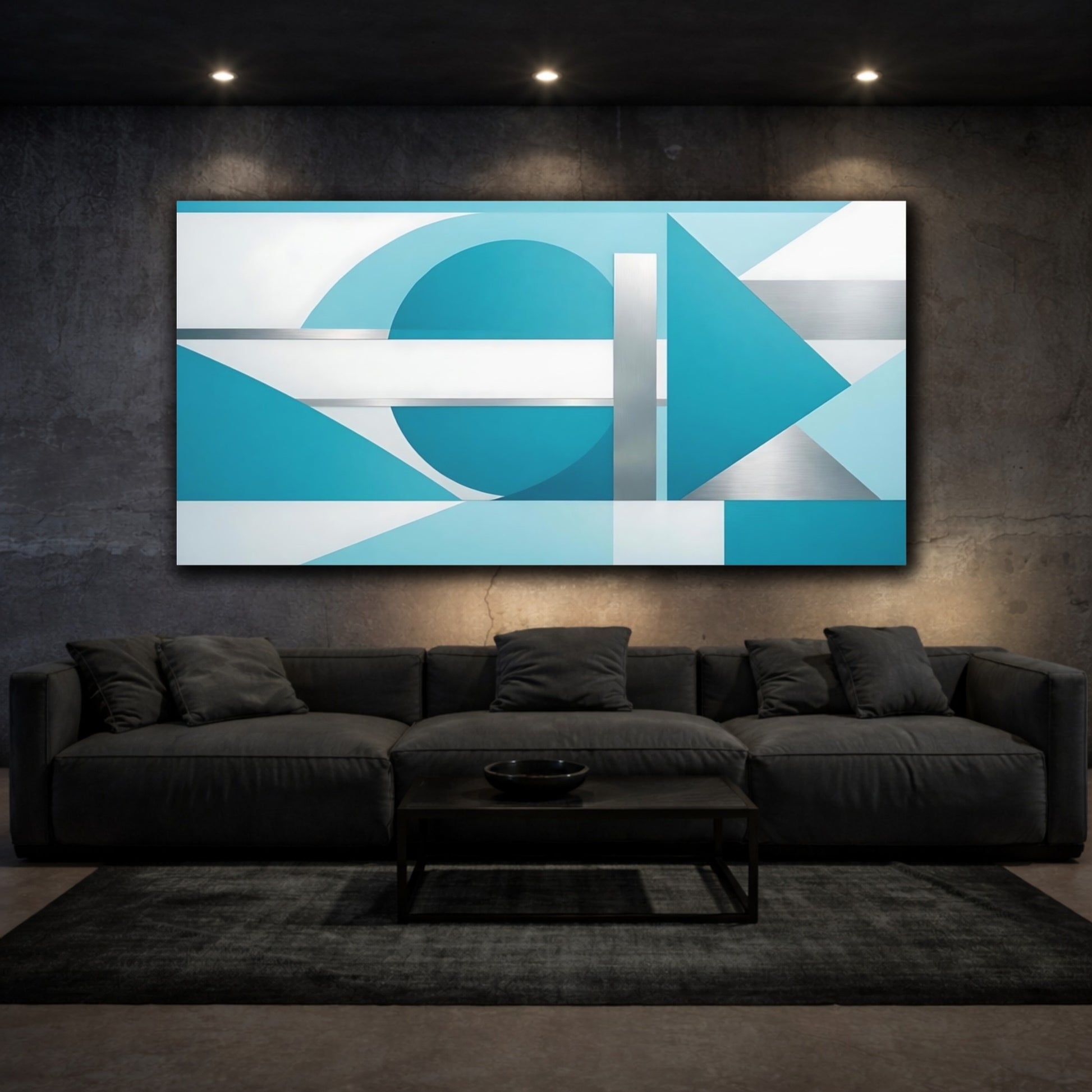 Mockup 2. Abstract Geometric Shapes Teal And Silver Geometric shown as stretched canvas wall art
