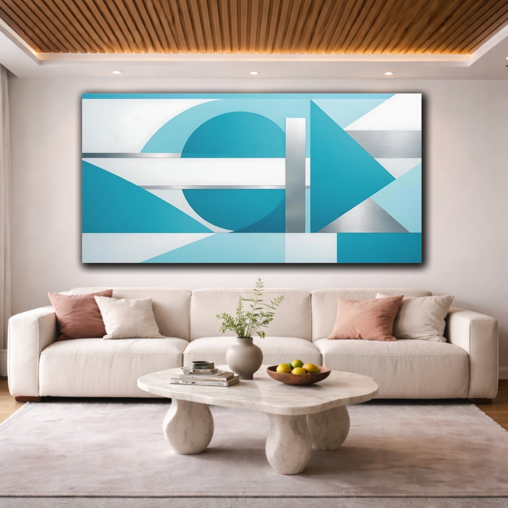 Mockup 3. Abstract Geometric Shapes Teal And Silver Geometric shown as stretched canvas wall art