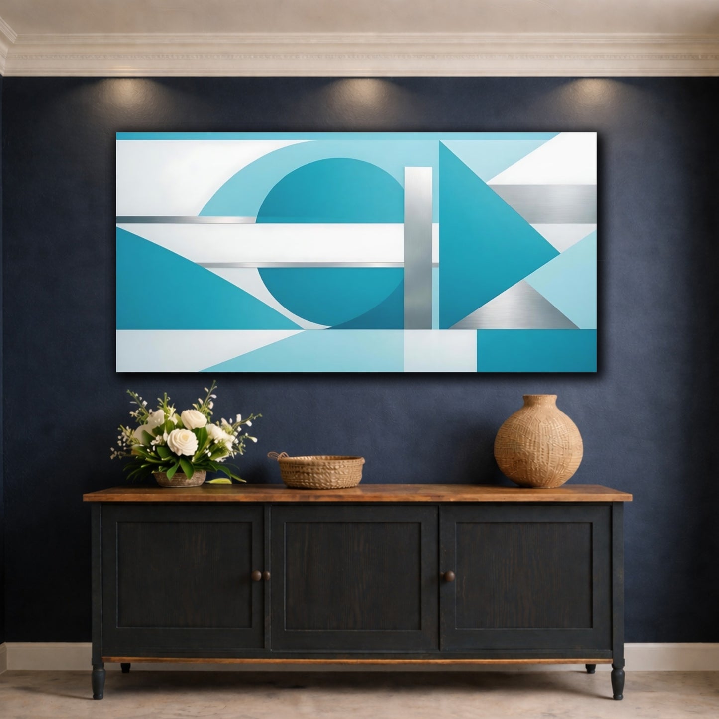 Mockup 4. Abstract Geometric Shapes Teal And Silver Geometric shown as stretched canvas wall art