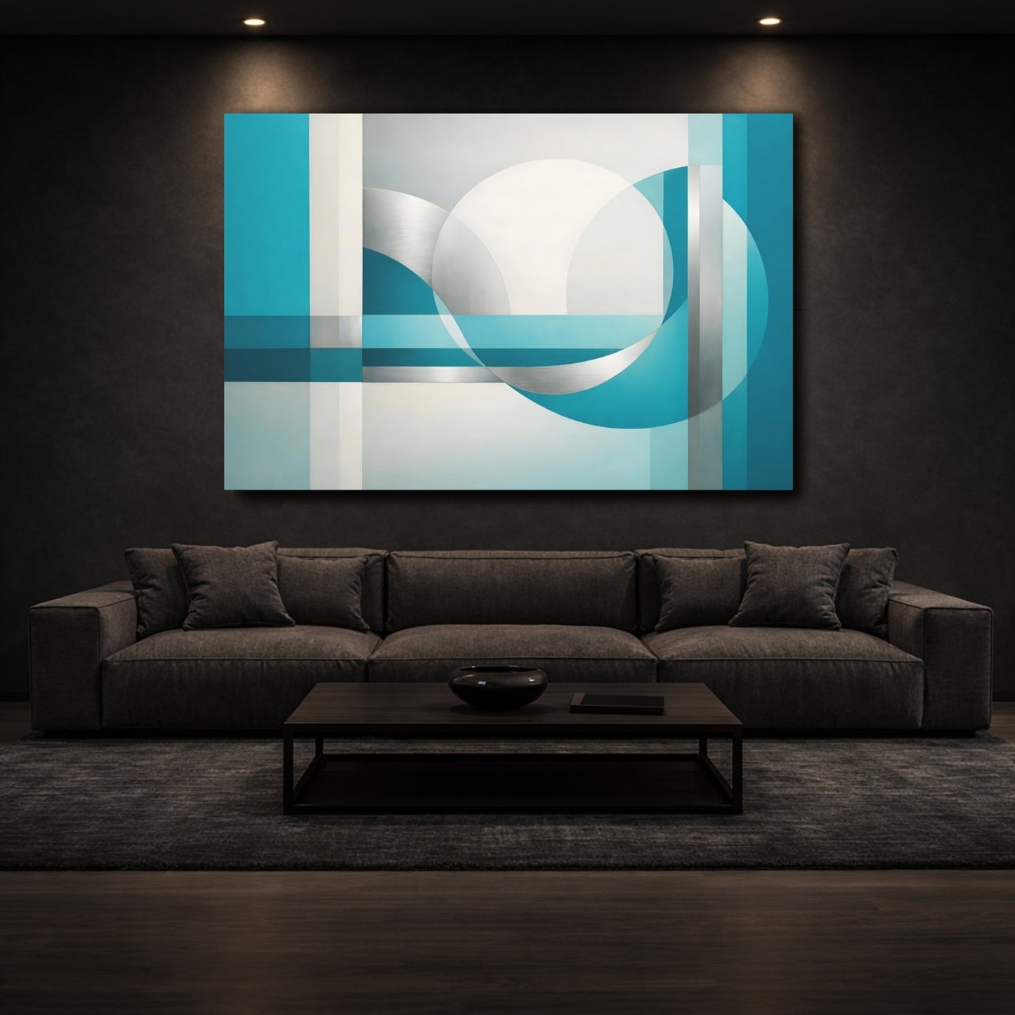 Mockup 2. Abstract Geometric Shapes Teal And Silver shown as stretched canvas wall art