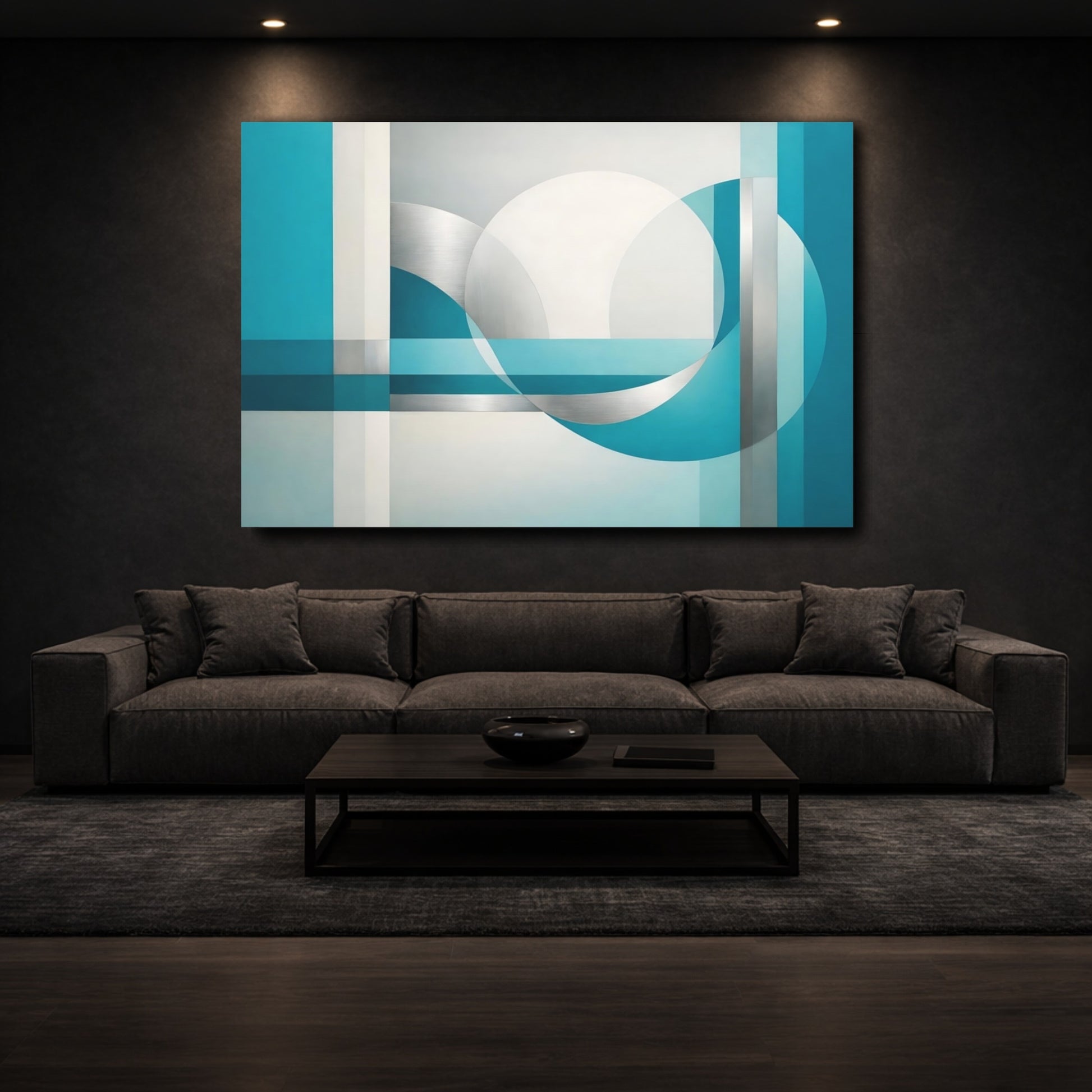 Mockup 2. Abstract Geometric Shapes Teal And Silver shown as stretched canvas wall art
