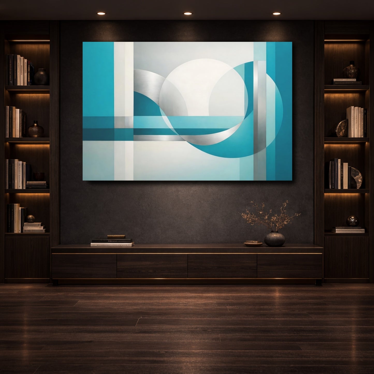 Mockup 3. Abstract Geometric Shapes Teal And Silver shown as stretched canvas wall art