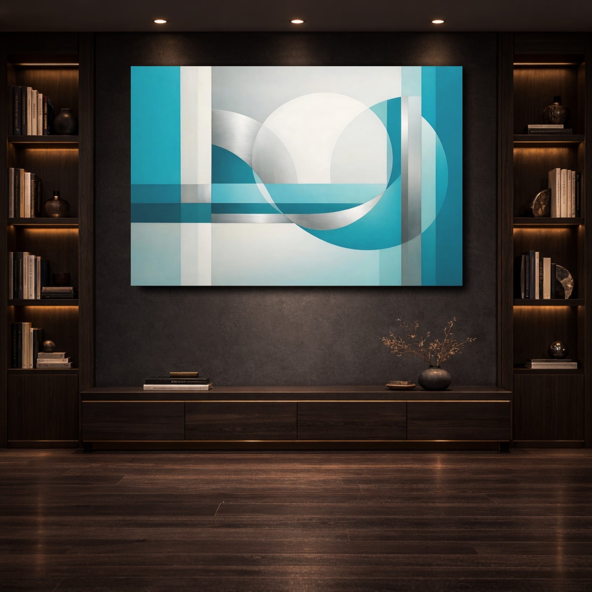 Mockup 3. Abstract Geometric Shapes Teal And Silver shown as stretched canvas wall art