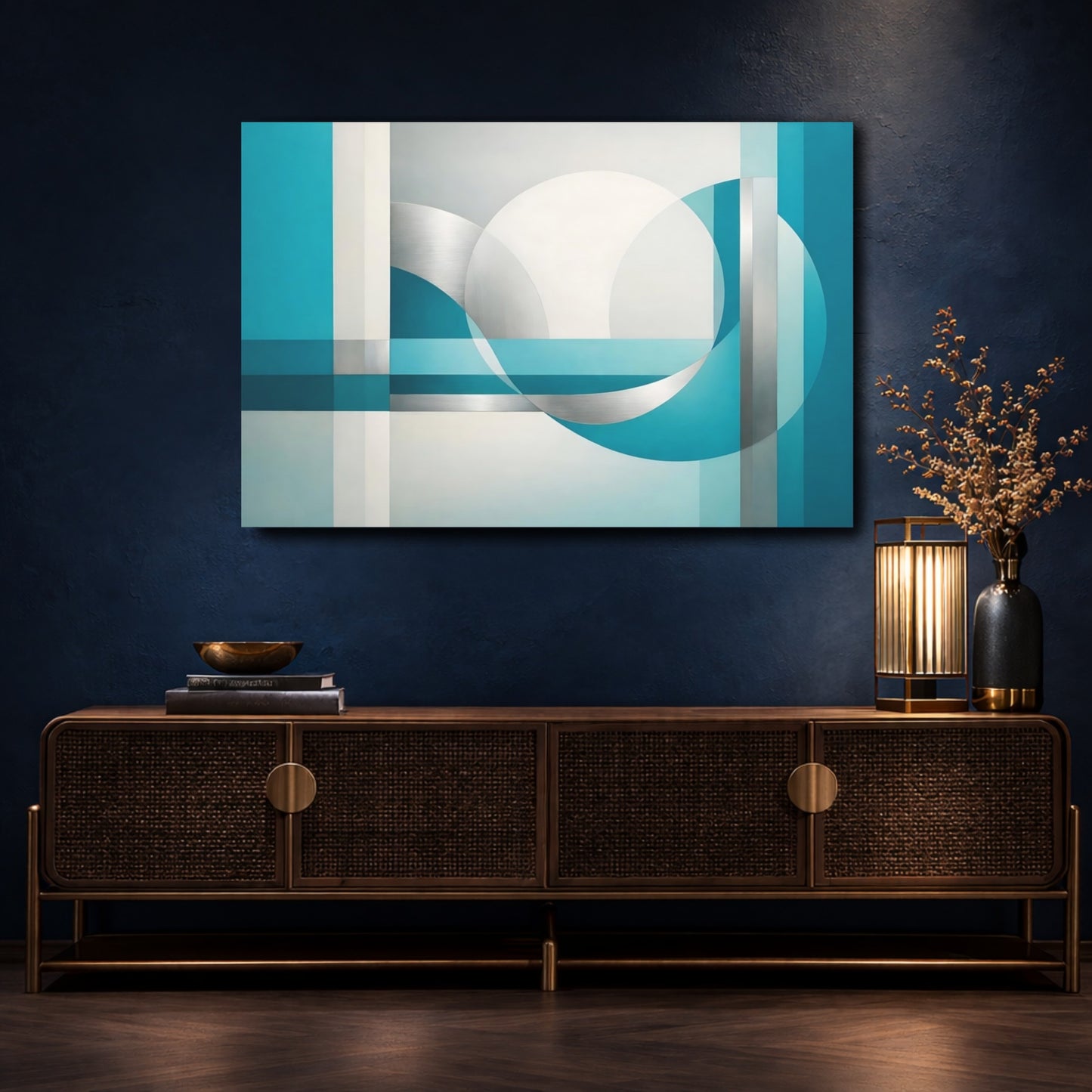 Mockup 4. Abstract Geometric Shapes Teal And Silver shown as stretched canvas wall art