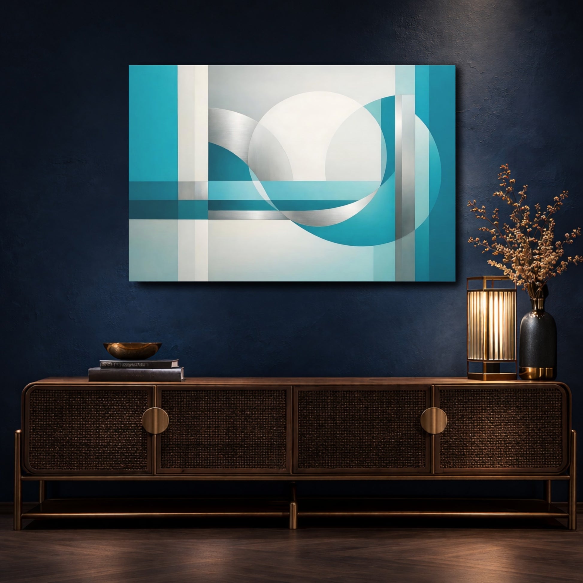 Mockup 4. Abstract Geometric Shapes Teal And Silver shown as stretched canvas wall art