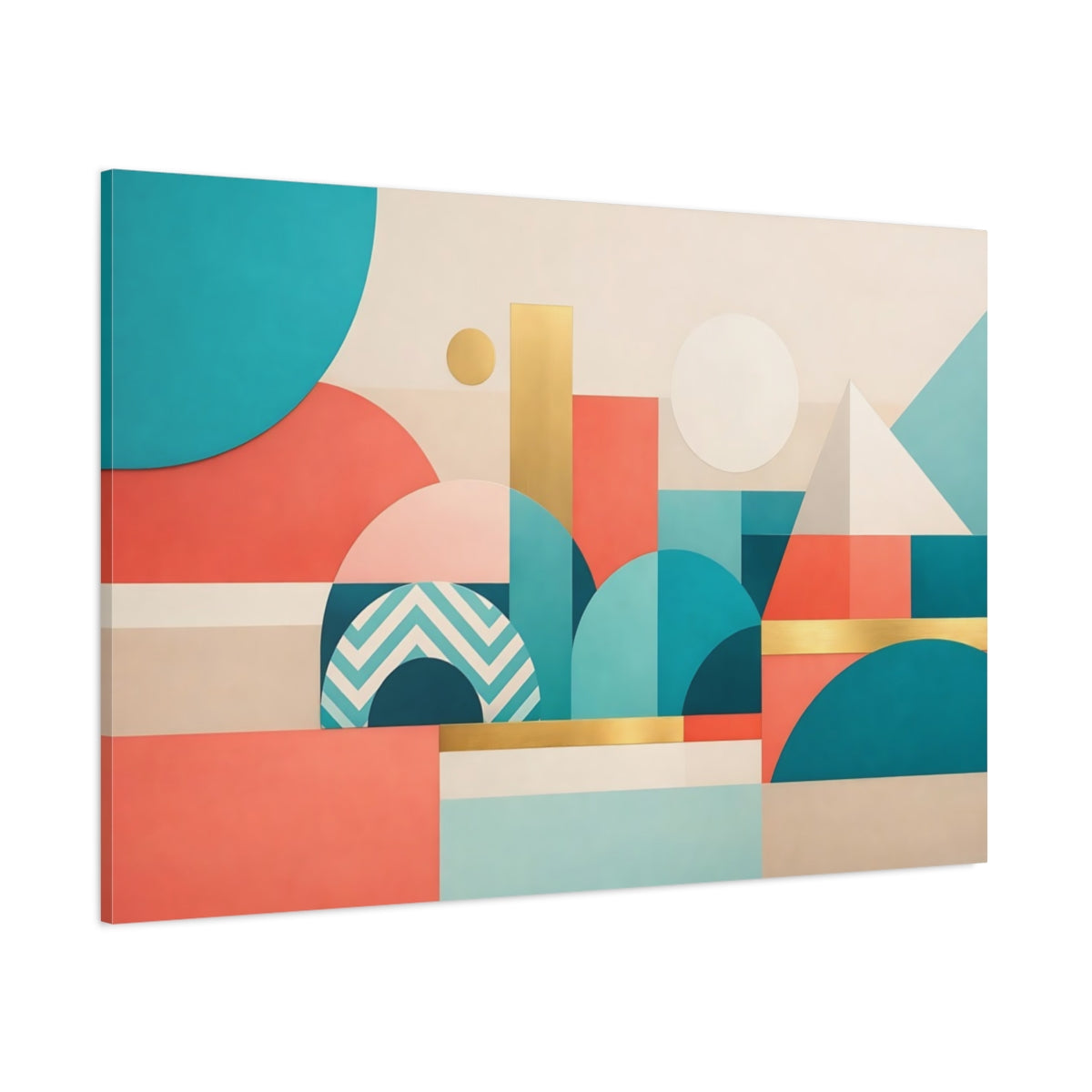 Main Mockup. Abstract Geometric Shapes Teal Coral Gold shown as stretched canvas wall art