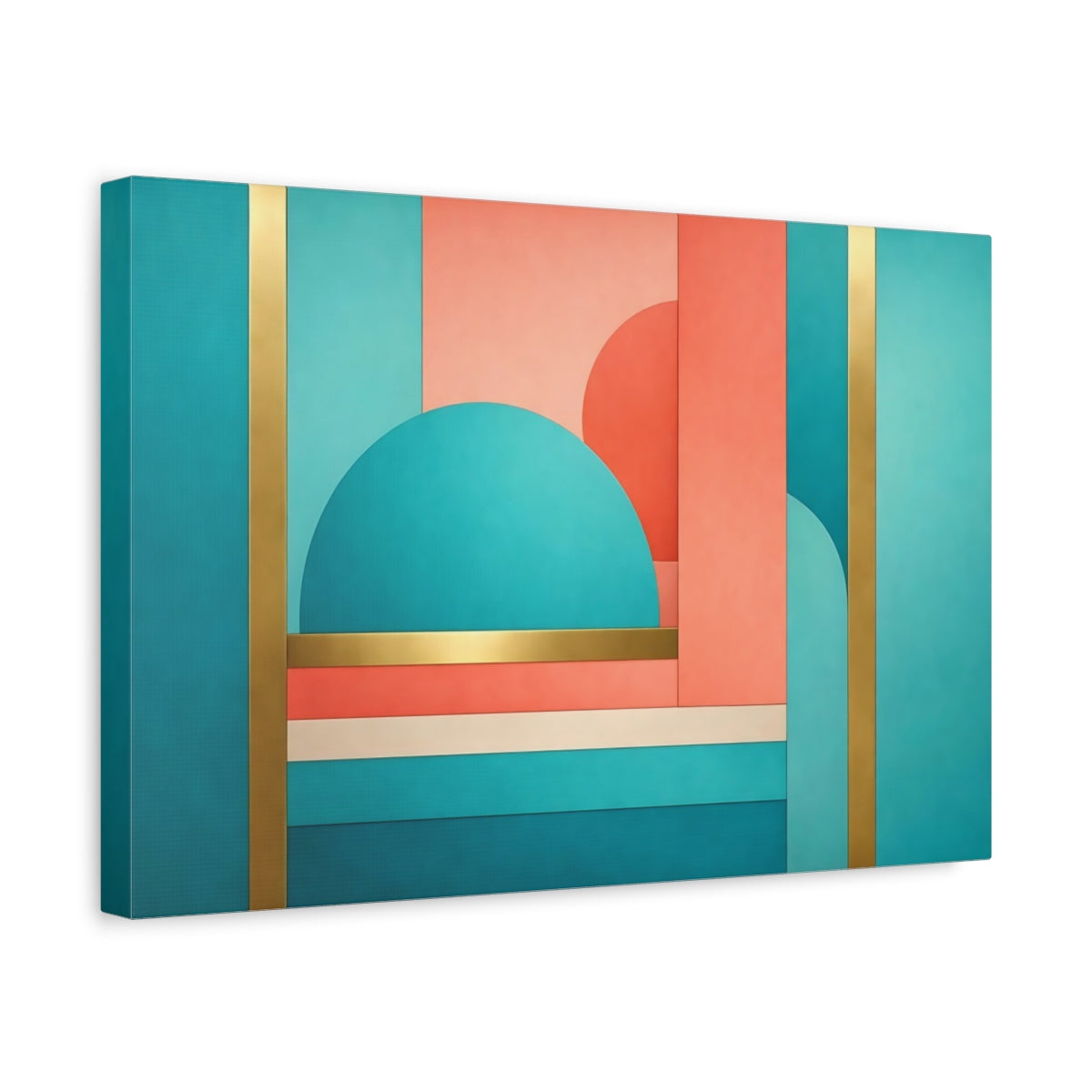 Side Mockup 4. Abstract Geometric Shapes Teal Coral Gold shown as stretched canvas wall art