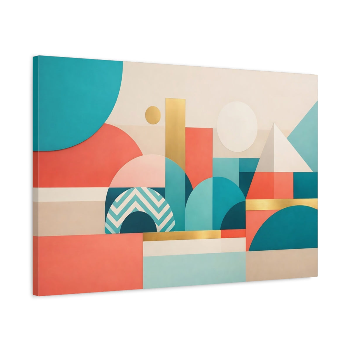Side Mockup 2. Abstract Geometric Shapes Teal Coral Gold shown as stretched canvas wall art