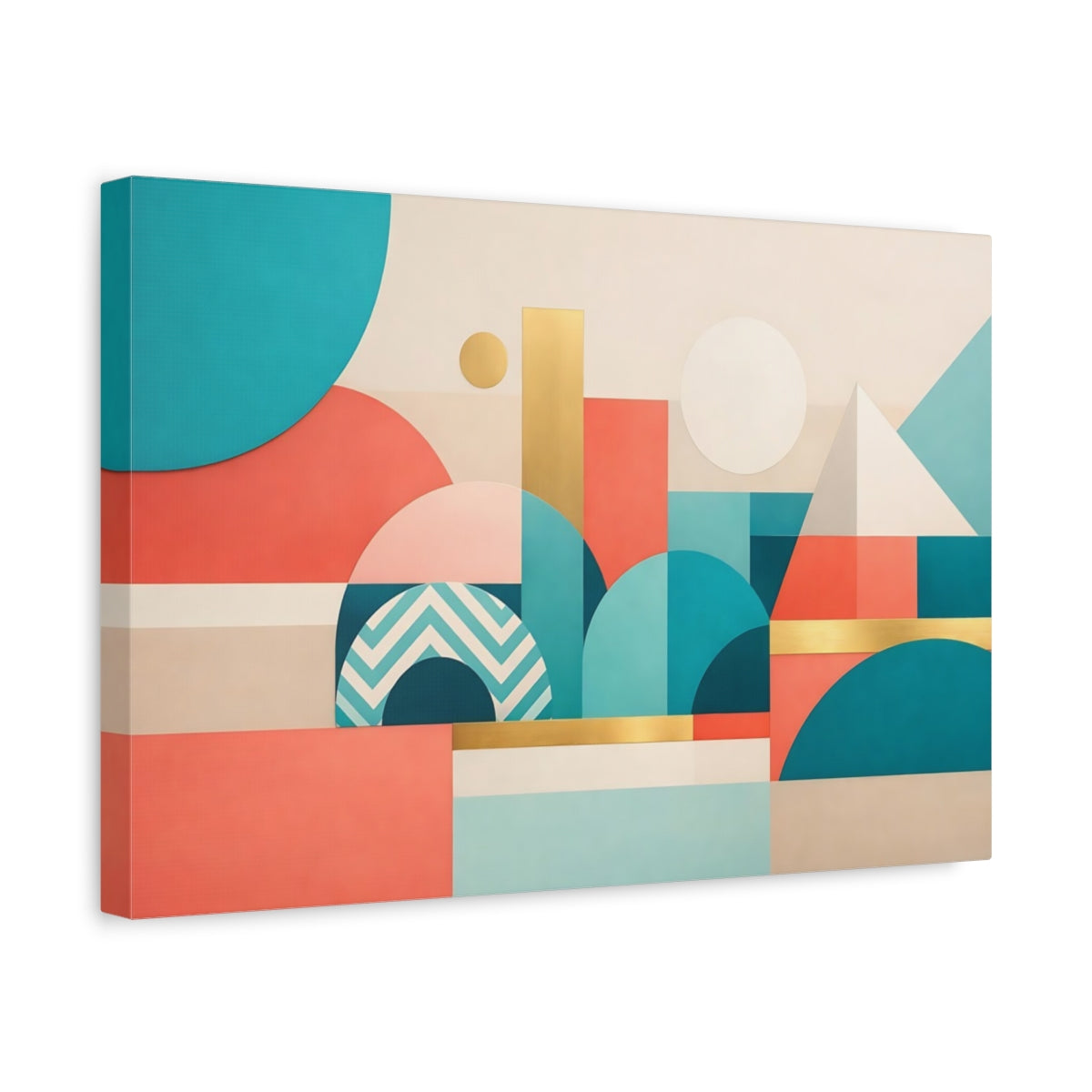 Side Mockup 4. Abstract Geometric Shapes Teal Coral Gold shown as stretched canvas wall art