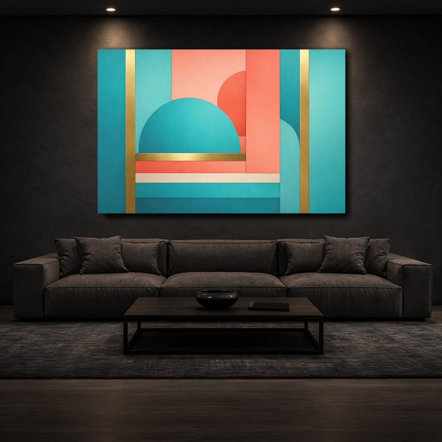Mockup 2. Abstract Geometric Shapes Teal Coral Gold shown as stretched canvas wall art