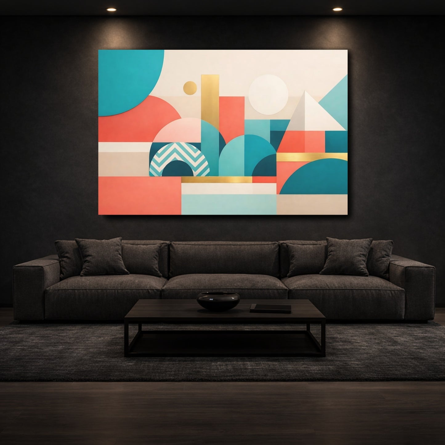 Mockup 2. Abstract Geometric Shapes Teal Coral Gold shown as stretched canvas wall art