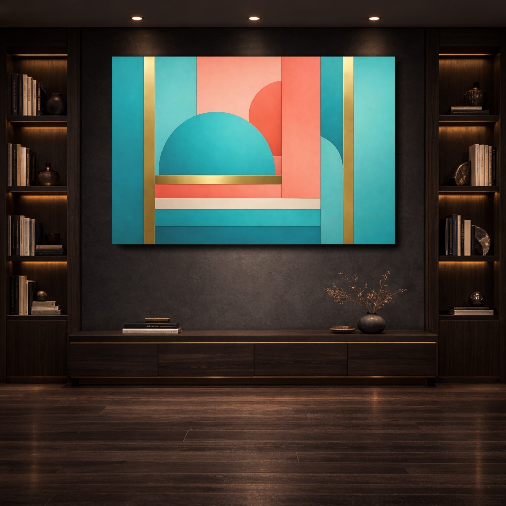 Mockup 3. Abstract Geometric Shapes Teal Coral Gold shown as stretched canvas wall art