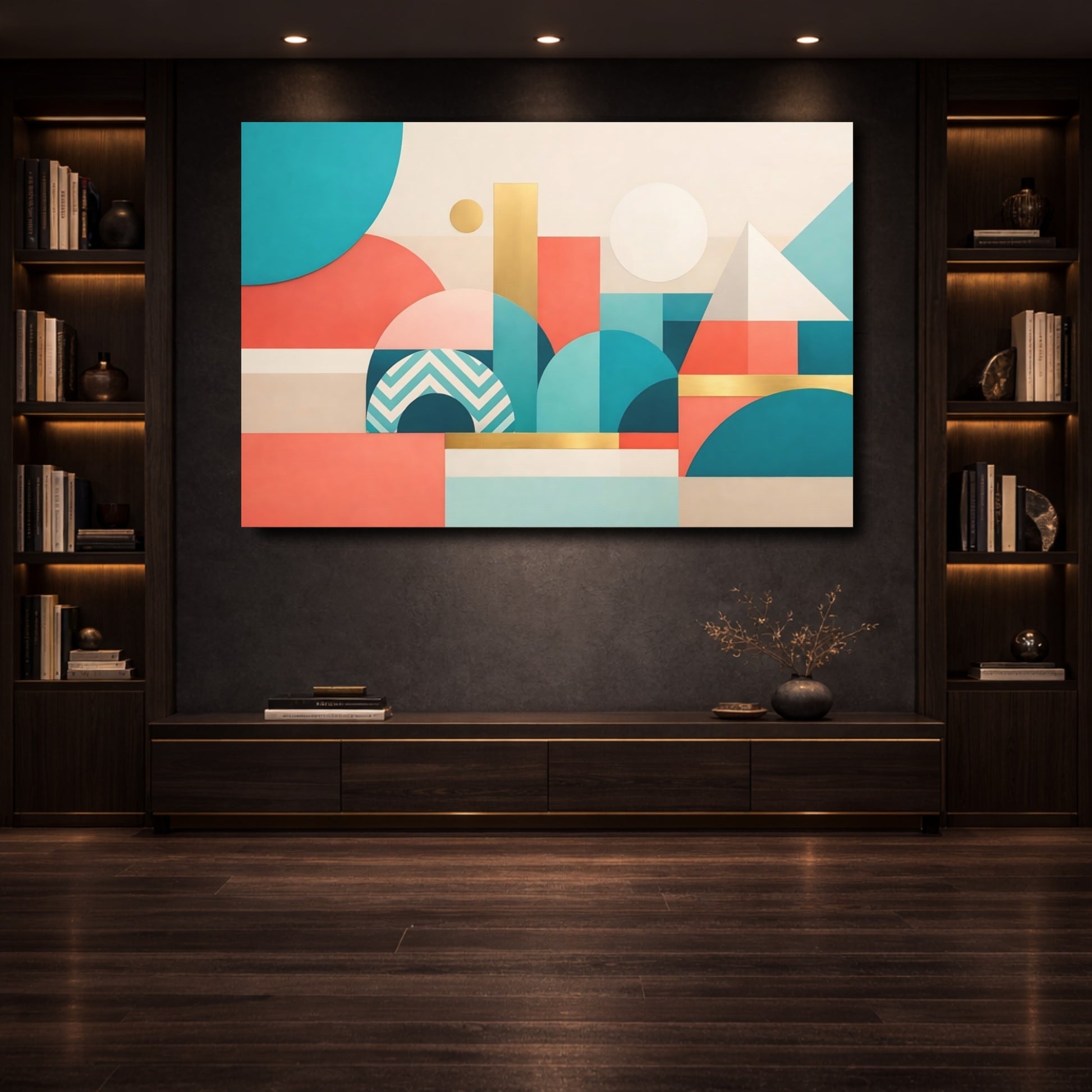 Mockup 3. Abstract Geometric Shapes Teal Coral Gold shown as stretched canvas wall art