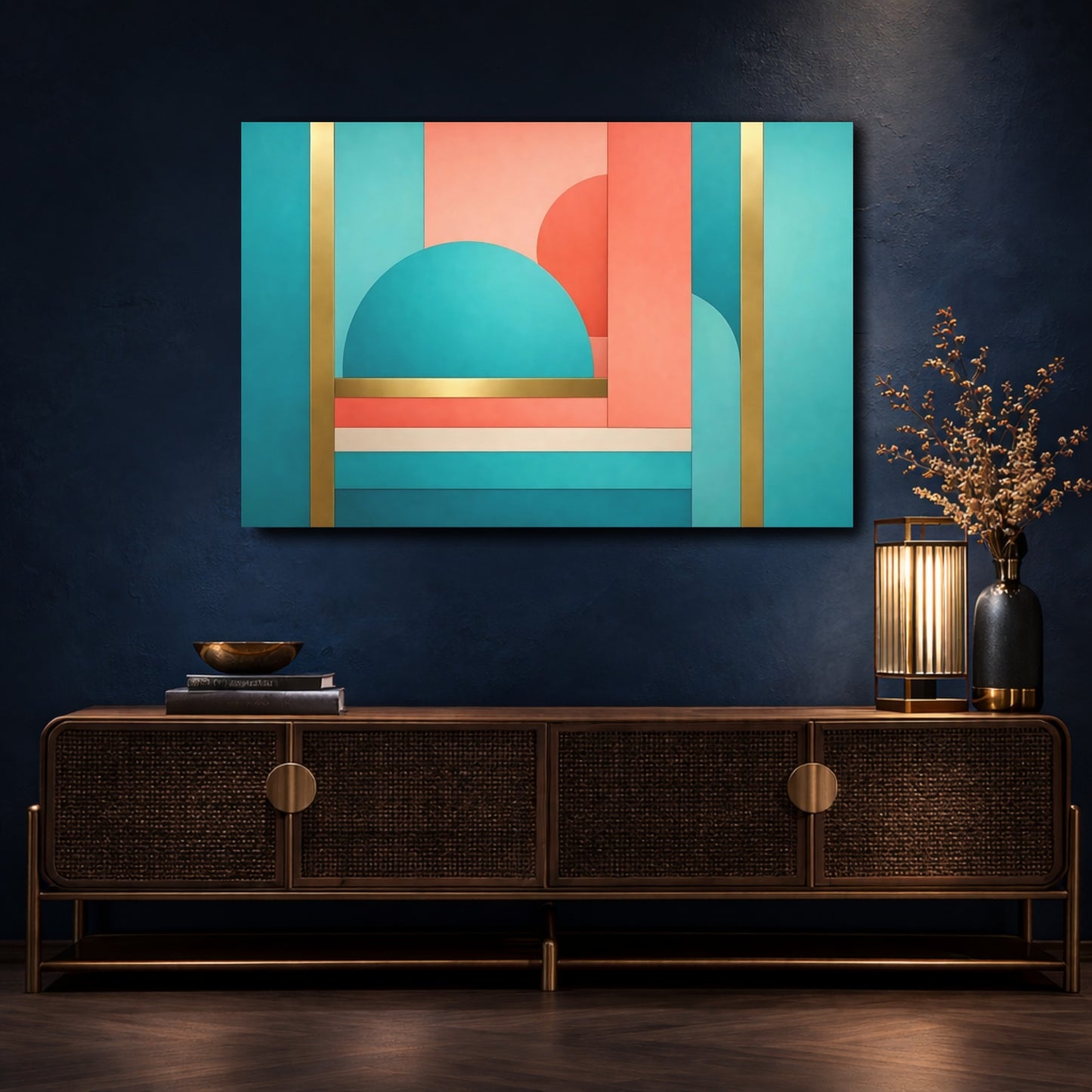 Mockup 4. Abstract Geometric Shapes Teal Coral Gold shown as stretched canvas wall art