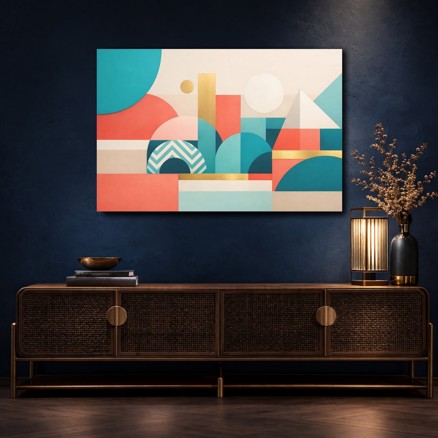 Mockup 4. Abstract Geometric Shapes Teal Coral Gold shown as stretched canvas wall art