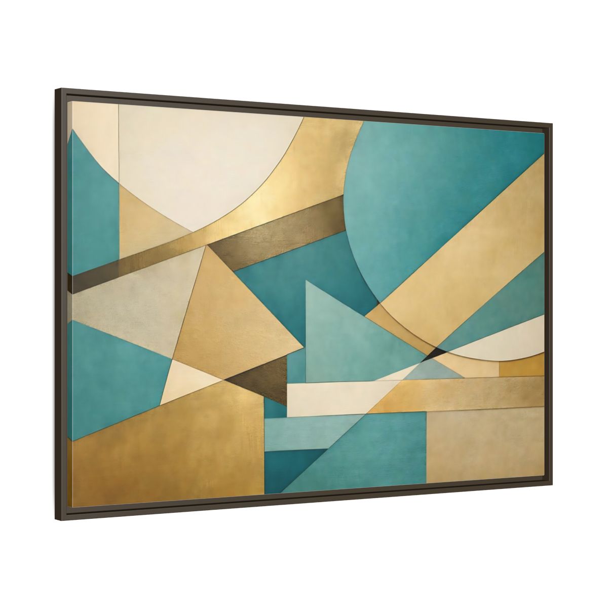 Main Mockup. Abstract Geometric Shapes Teal Gold Abstract shown as stretched canvas wall art