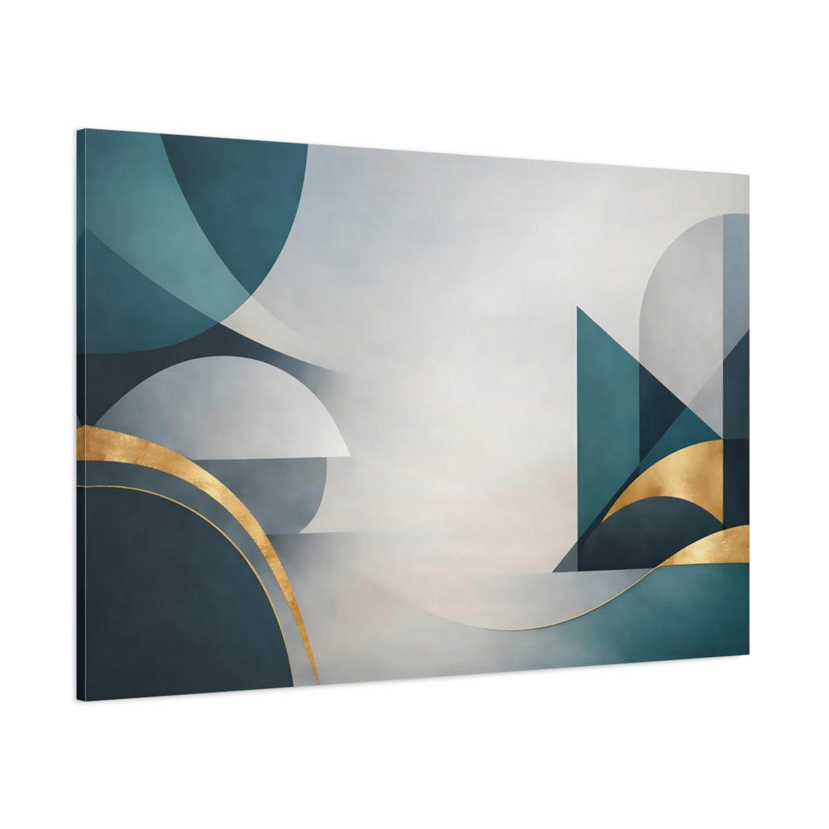Main Mockup. Abstract Geometric Shapes Teal Gold Abstract shown as stretched canvas wall art