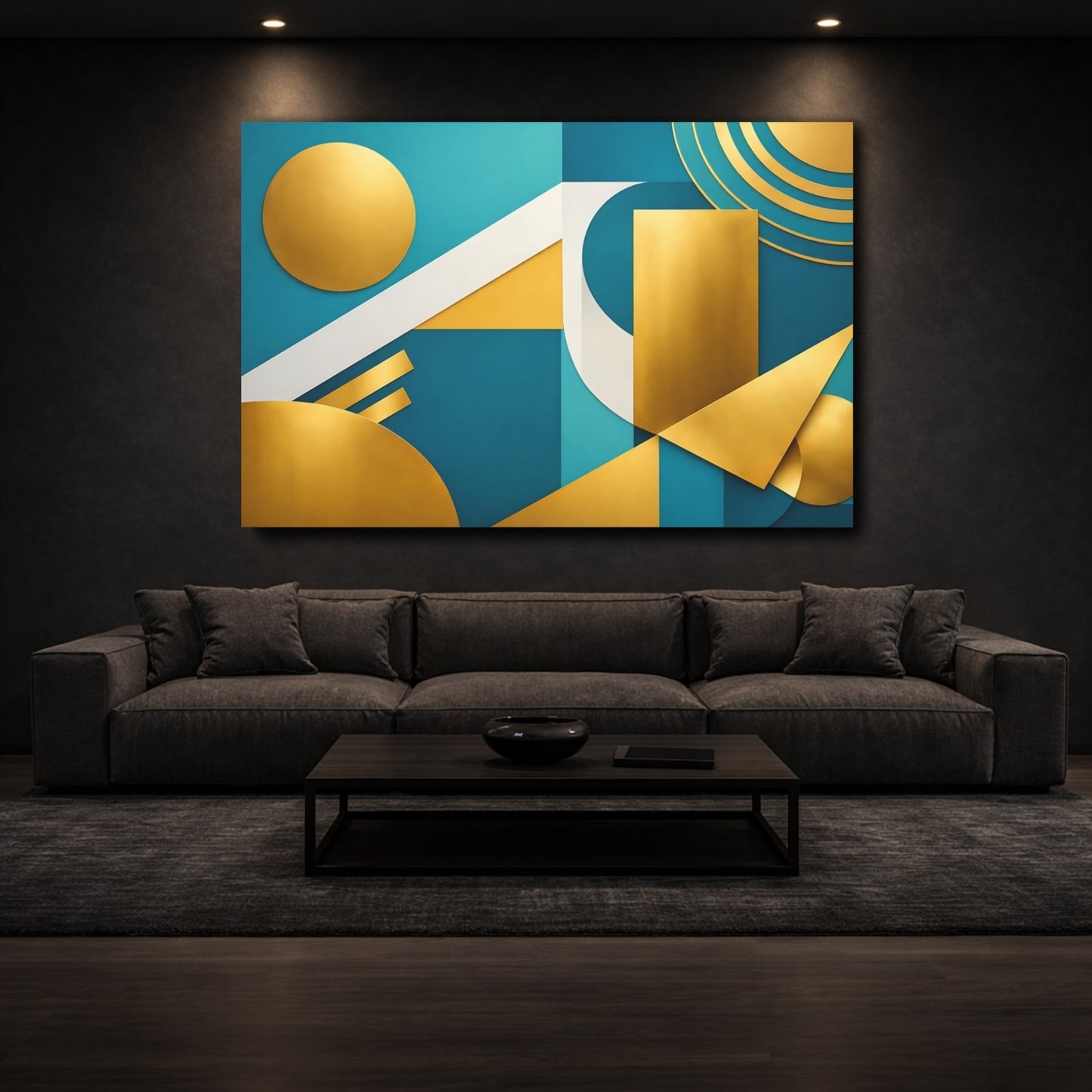 Mockup 2. Abstract Geometric Shapes Teal Gold Abstract shown as stretched canvas wall art