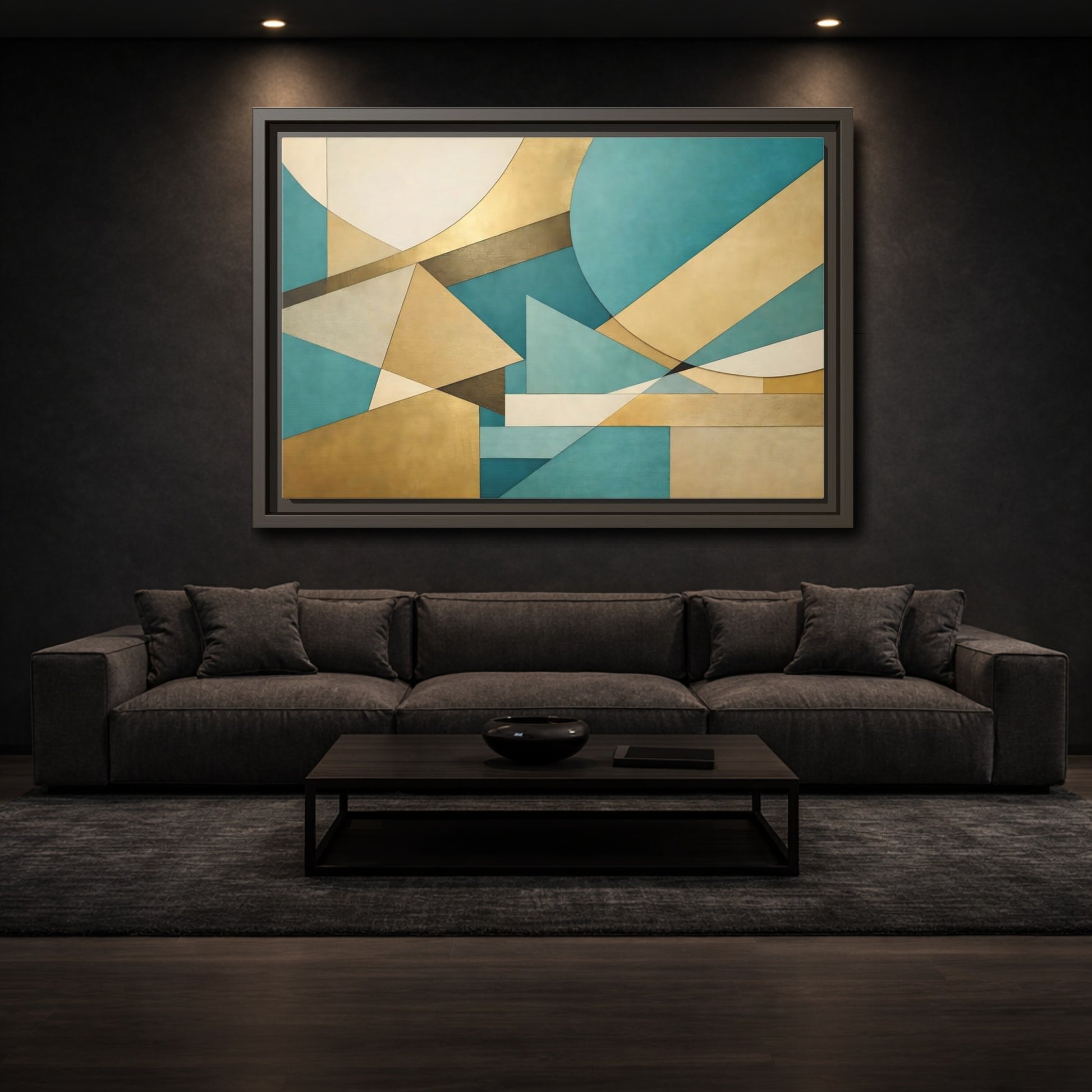 Mockup 2. Abstract Geometric Shapes Teal Gold Abstract shown as stretched canvas wall art
