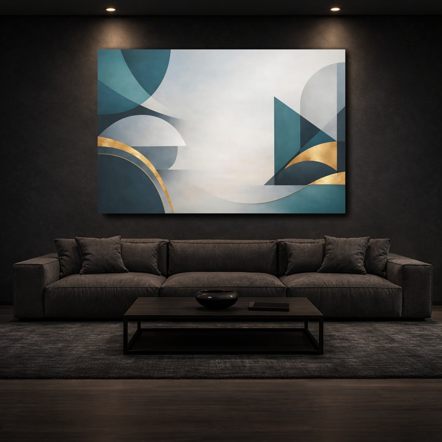 Mockup 2. Abstract Geometric Shapes Teal Gold Abstract shown as stretched canvas wall art