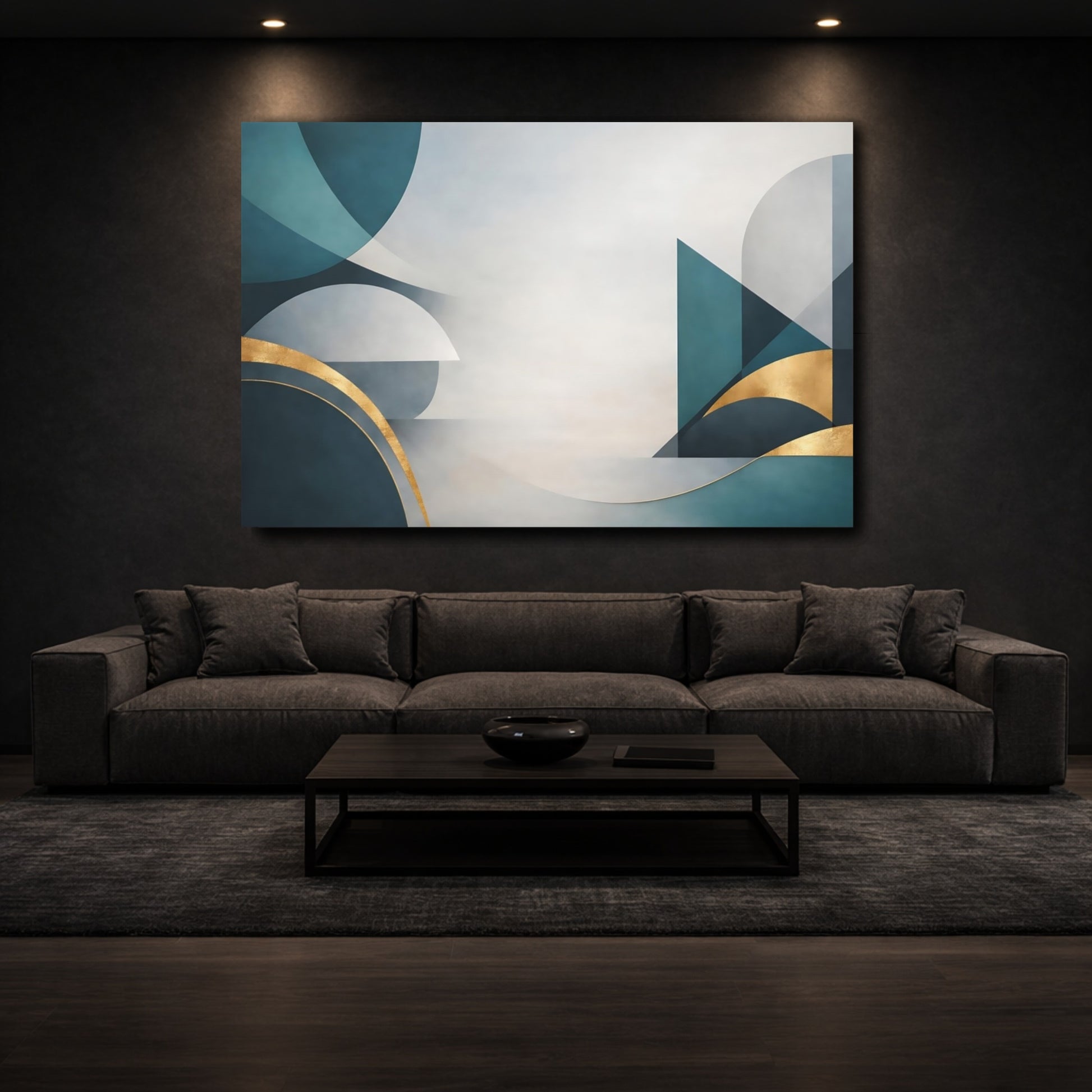 Mockup 2. Abstract Geometric Shapes Teal Gold Abstract shown as stretched canvas wall art