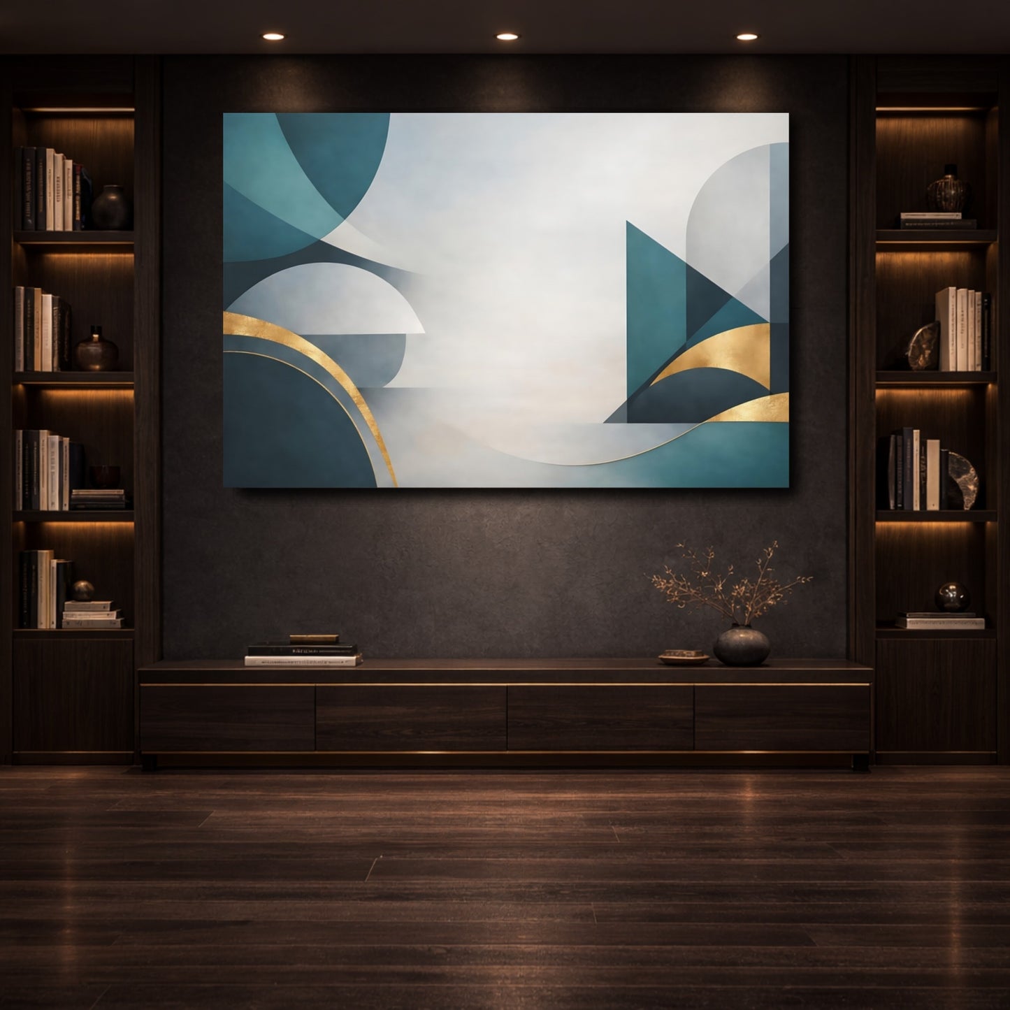 Mockup 3. Abstract Geometric Shapes Teal Gold Abstract shown as stretched canvas wall art