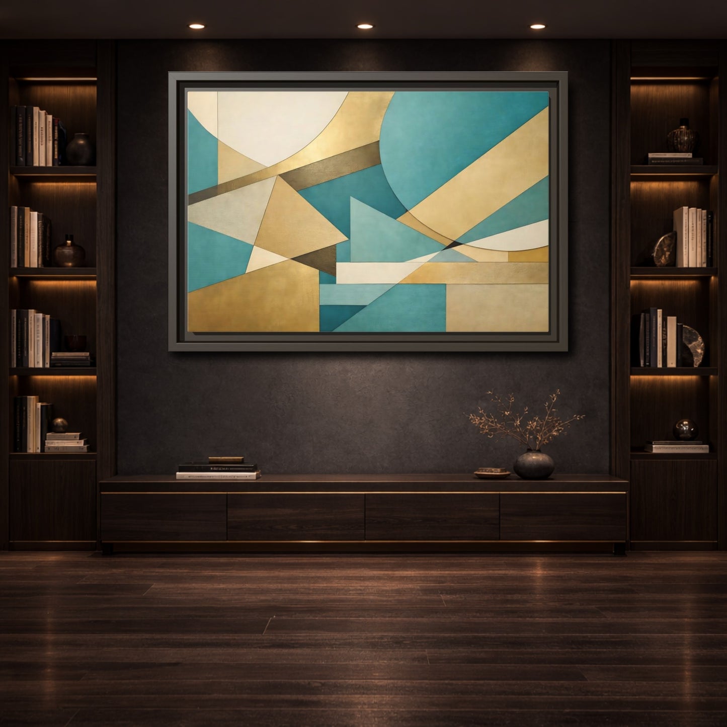 Mockup 3. Abstract Geometric Shapes Teal Gold Abstract shown as stretched canvas wall art
