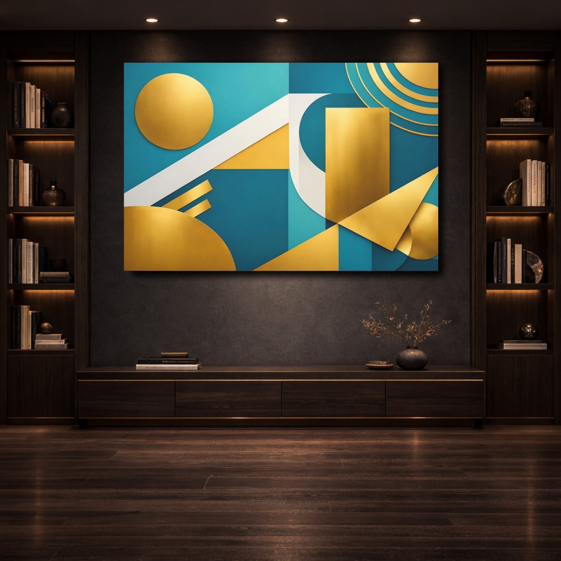 Mockup 3. Abstract Geometric Shapes Teal Gold Abstract shown as stretched canvas wall art