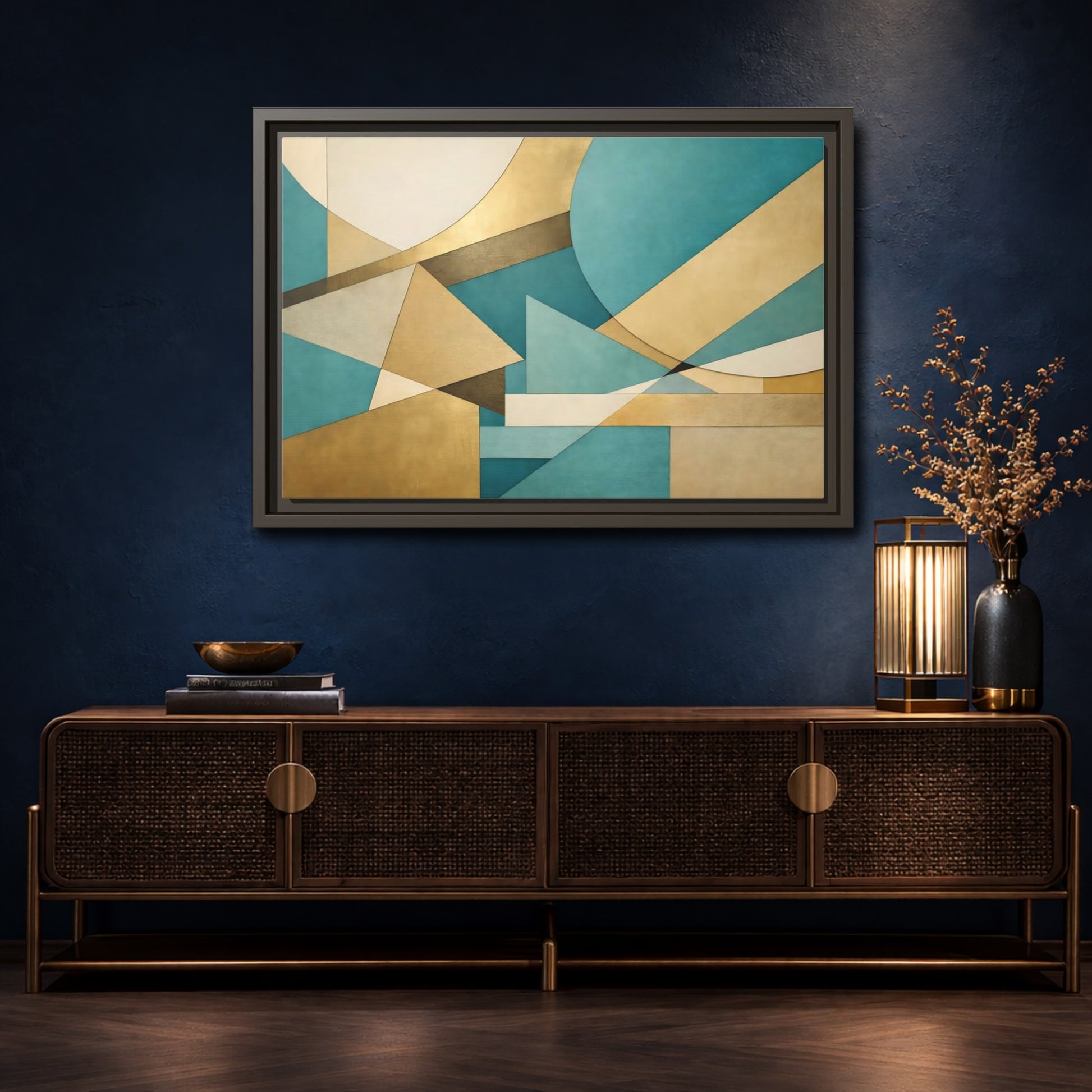 Mockup 4. Abstract Geometric Shapes Teal Gold Abstract shown as stretched canvas wall art