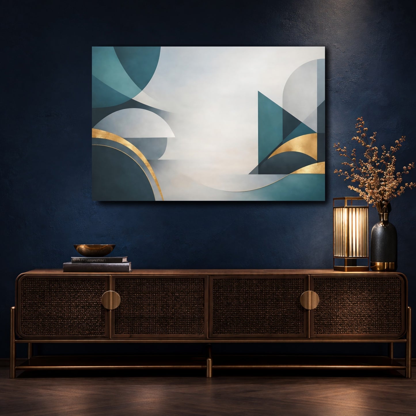 Mockup 4. Abstract Geometric Shapes Teal Gold Abstract shown as stretched canvas wall art