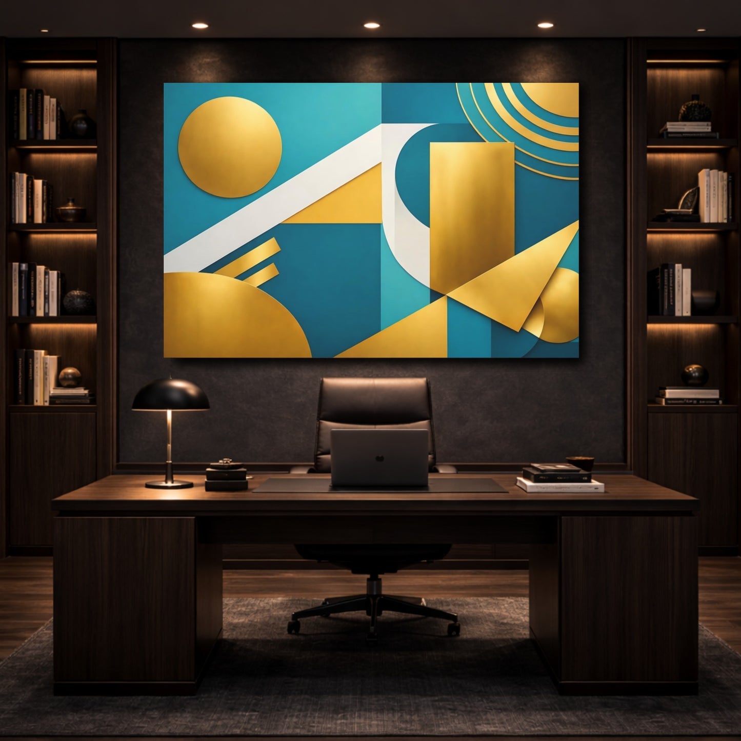Mockup 4. Abstract Geometric Shapes Teal Gold Abstract shown as stretched canvas wall art