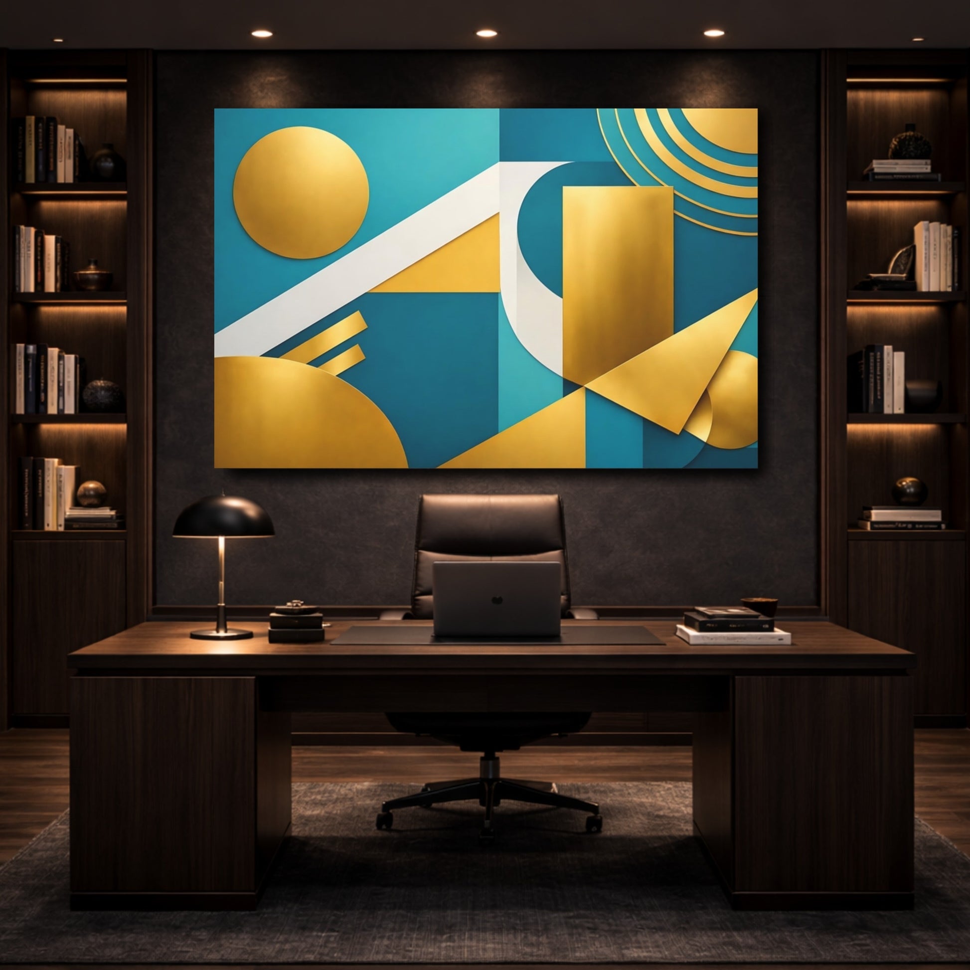 Mockup 4. Abstract Geometric Shapes Teal Gold Abstract shown as stretched canvas wall art