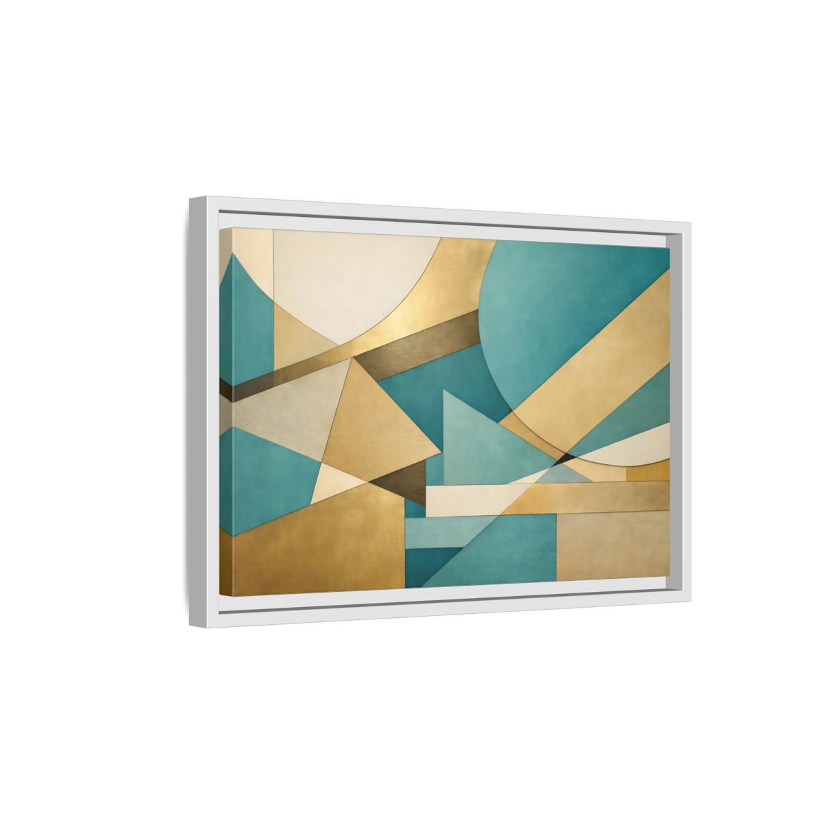 Side Mockup 4. Abstract Geometric Shapes Teal Gold Abstract shown as stretched canvas wall art