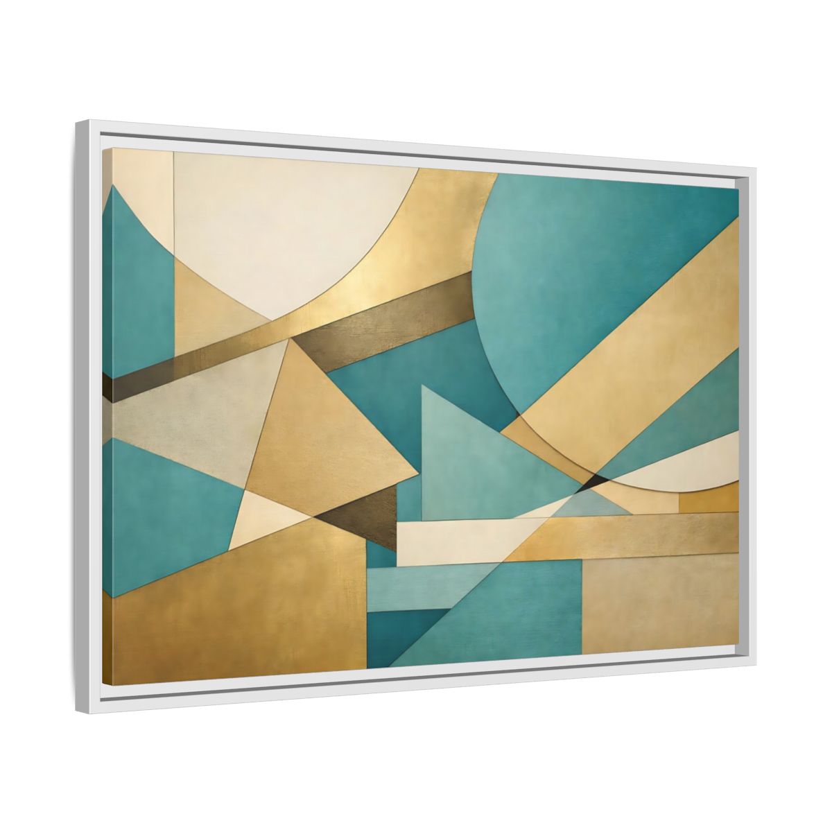 Side Mockup 10. Abstract Geometric Shapes Teal Gold Abstract shown as stretched canvas wall art