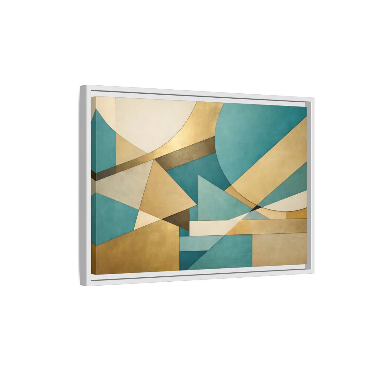 Side Mockup 1. Abstract Geometric Shapes Teal Gold Abstract shown as stretched canvas wall art