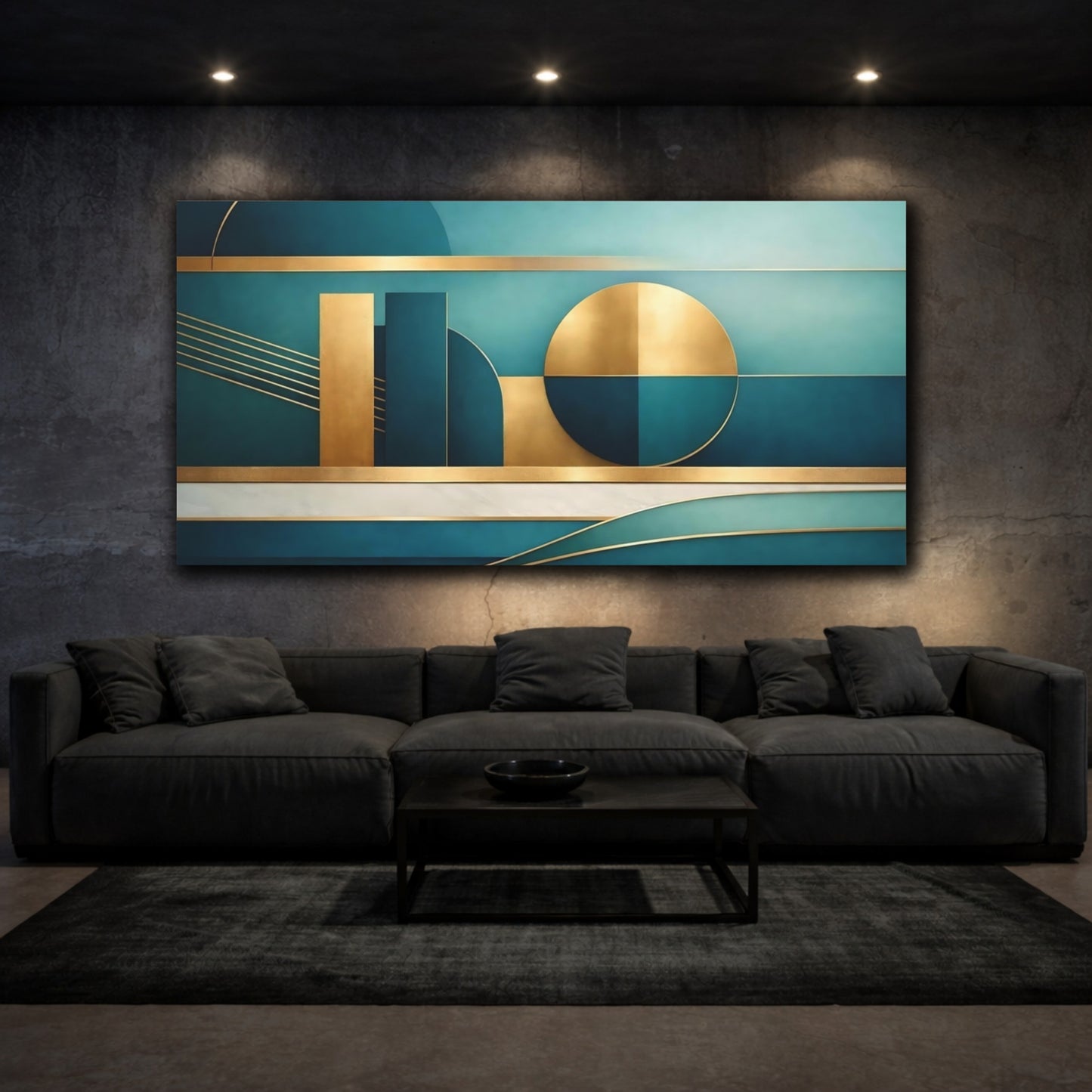 Mockup 2. Abstract Geometric Shapes Teal Gold Geometric shown as stretched canvas wall art