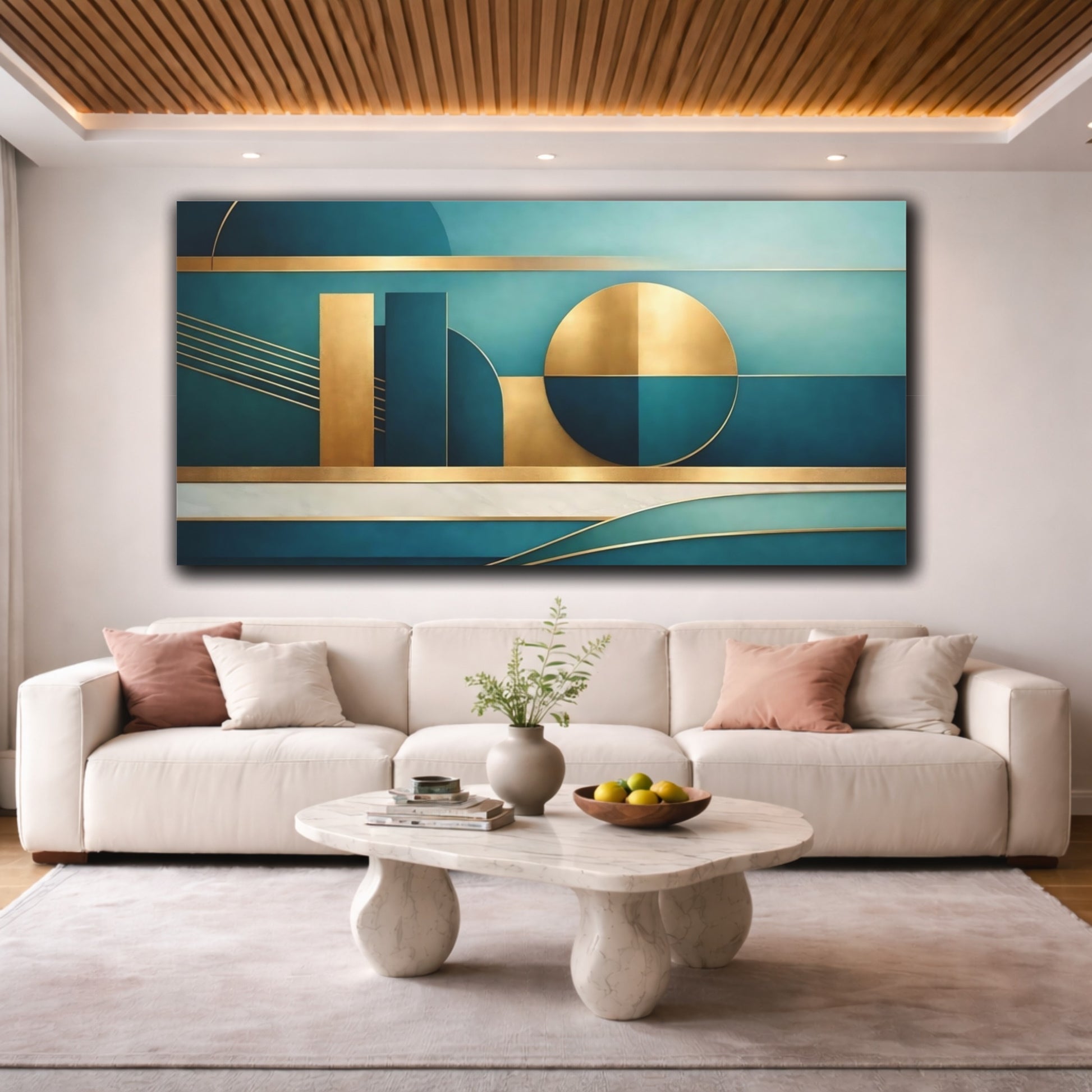 Mockup 3. Abstract Geometric Shapes Teal Gold Geometric shown as stretched canvas wall art