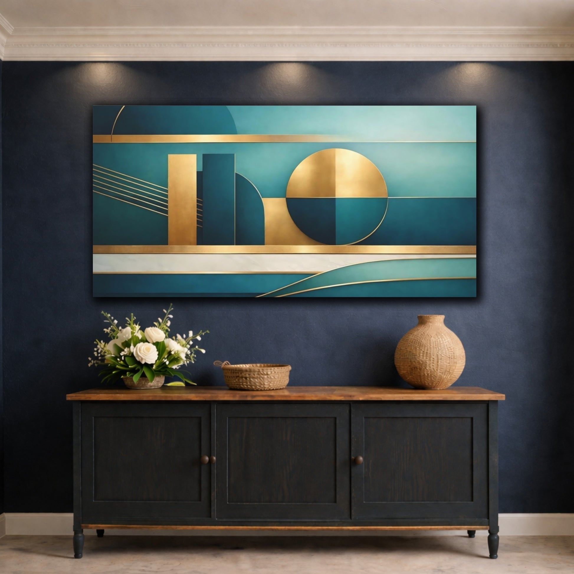 Mockup 4. Abstract Geometric Shapes Teal Gold Geometric shown as stretched canvas wall art