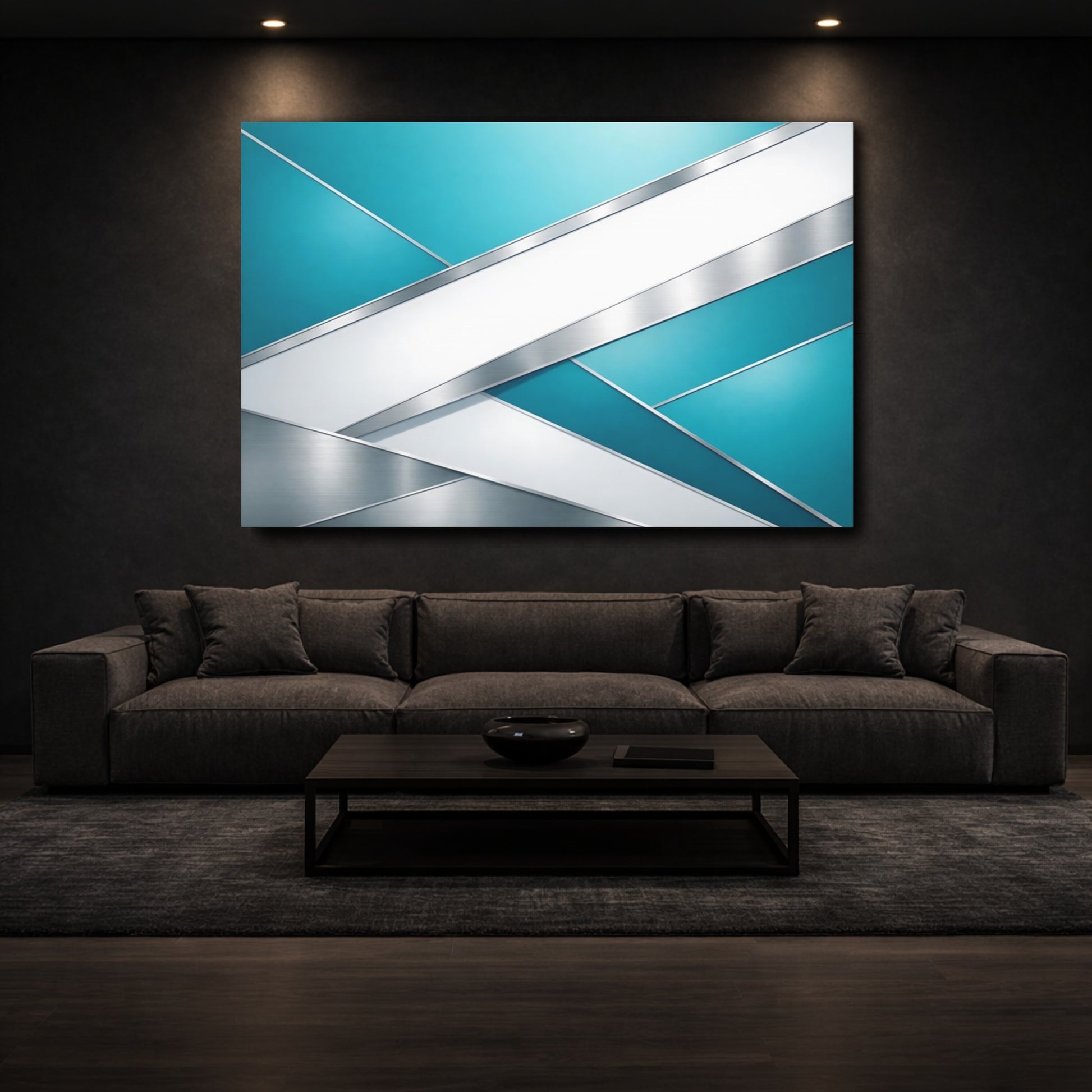 Mockup 2. Abstract Geometric Shapes Teal Silver Abstract shown as stretched canvas wall art