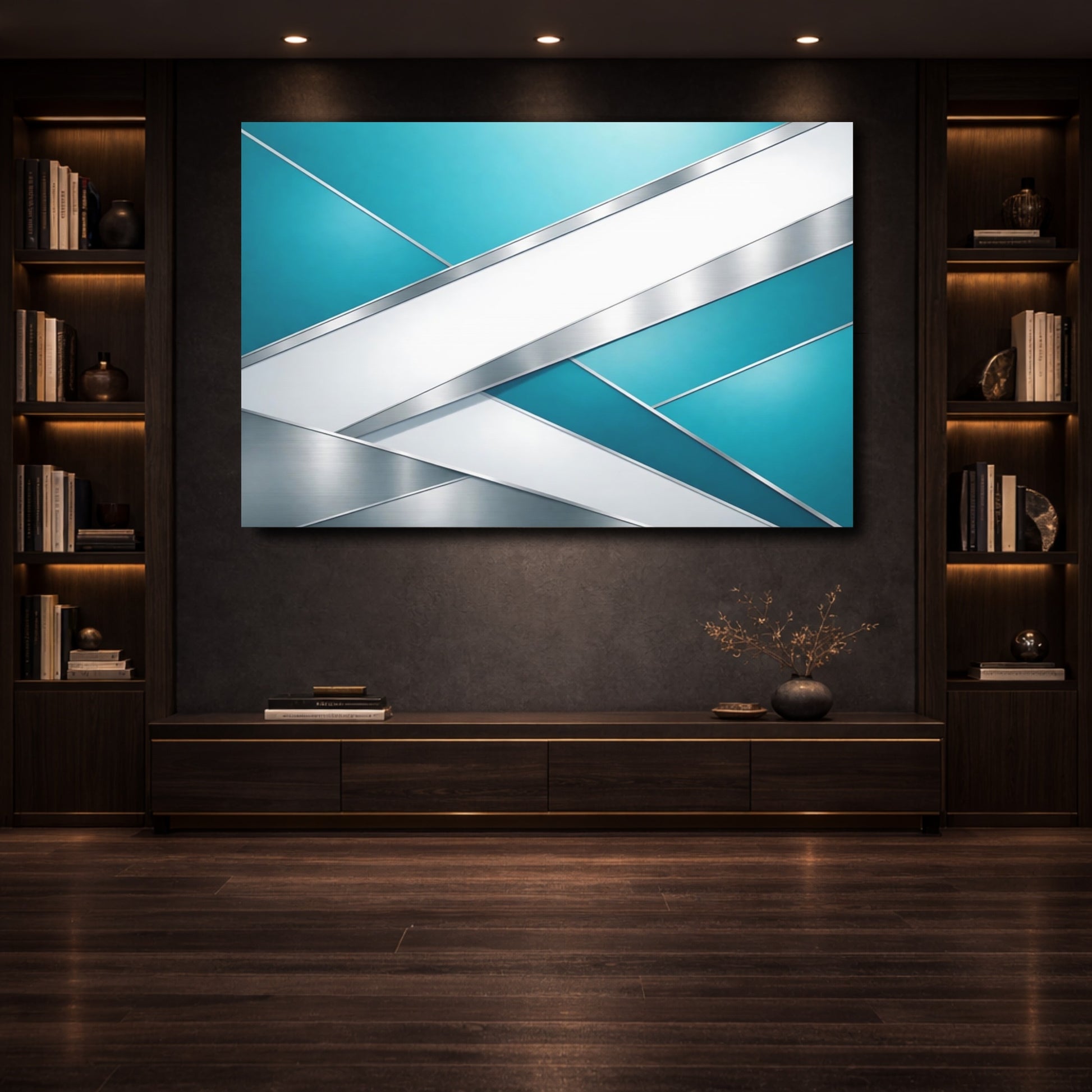 Mockup 3. Abstract Geometric Shapes Teal Silver Abstract shown as stretched canvas wall art