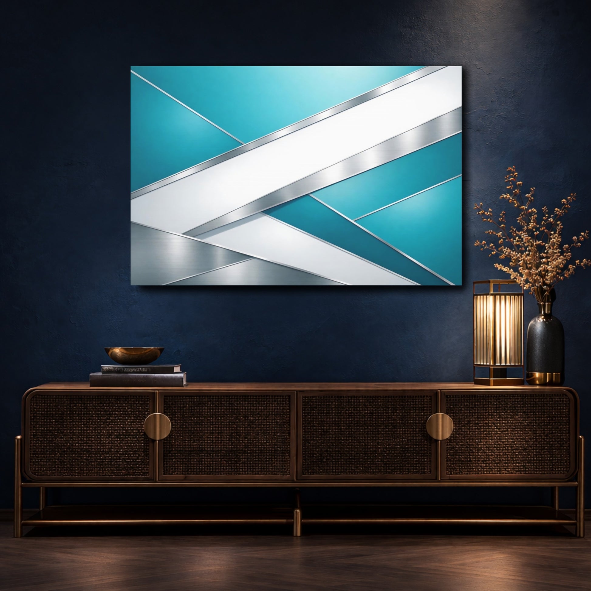 Mockup 4. Abstract Geometric Shapes Teal Silver Abstract shown as stretched canvas wall art