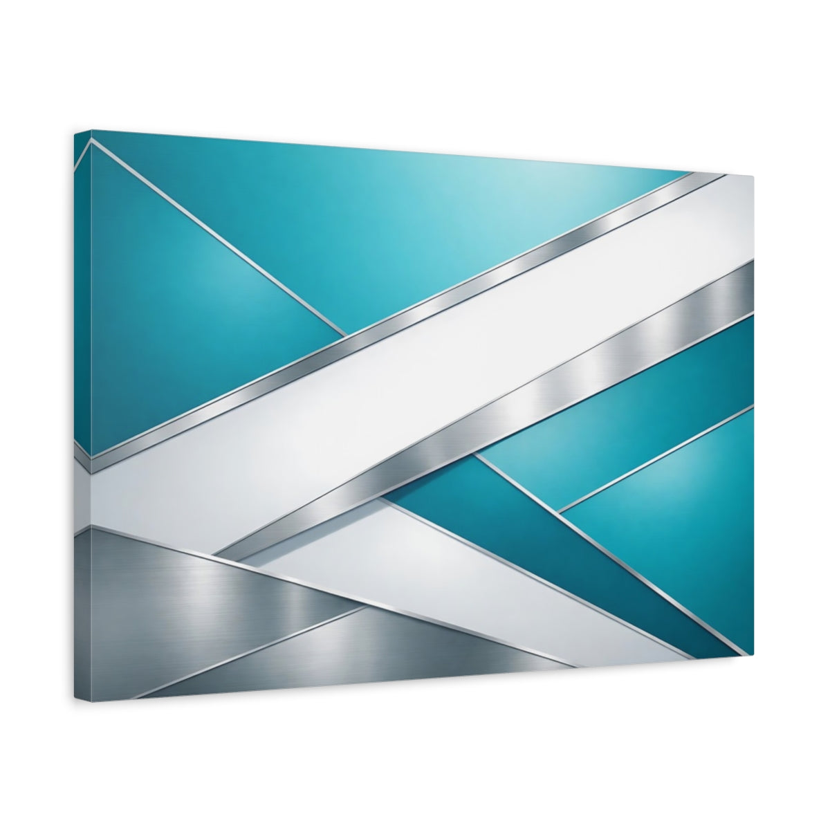Side Mockup 3. Abstract Geometric Shapes Teal Silver Abstract shown as stretched canvas wall art