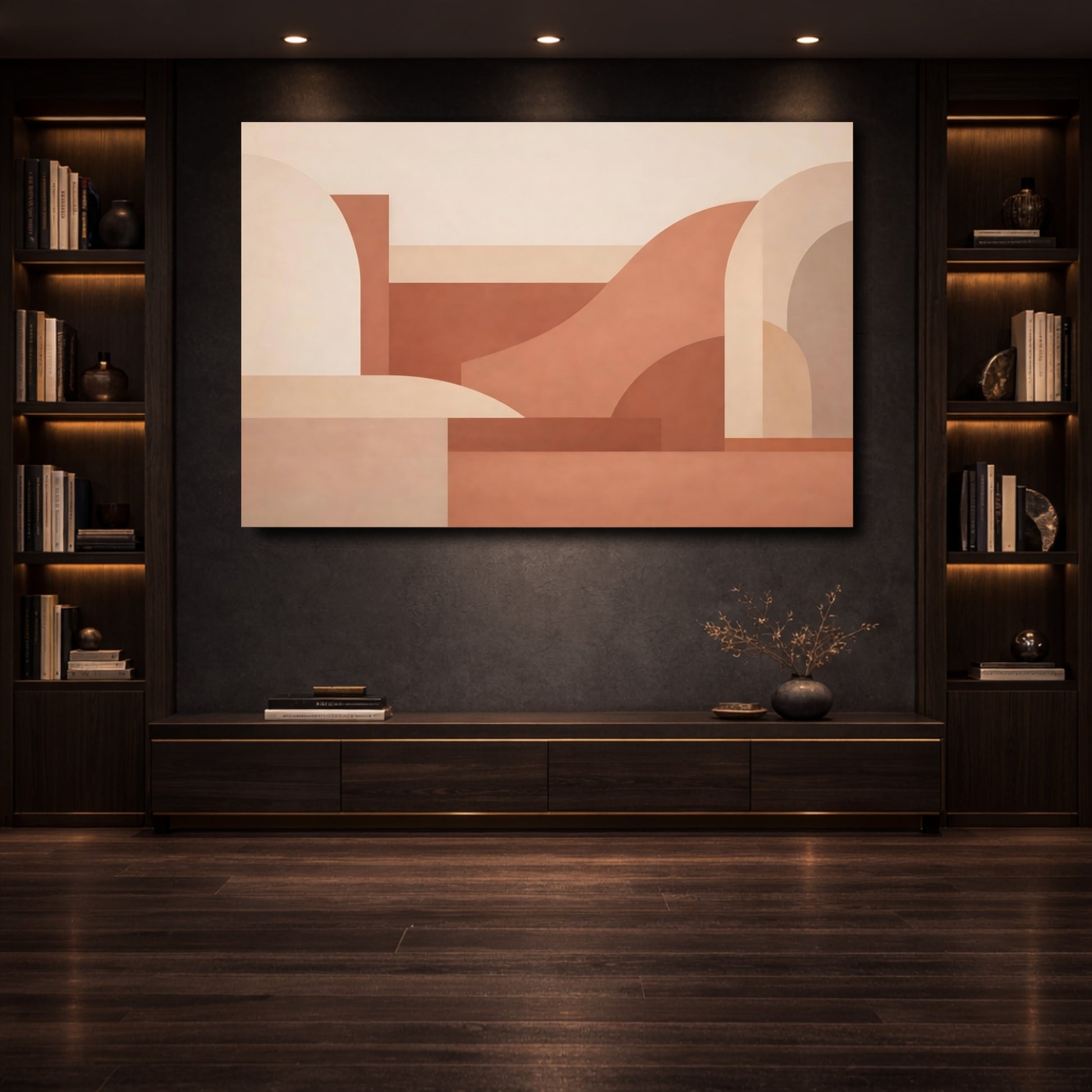 Mockup 3. Abstract Geometric Shapes Terracotta Abstract shown as stretched canvas wall art